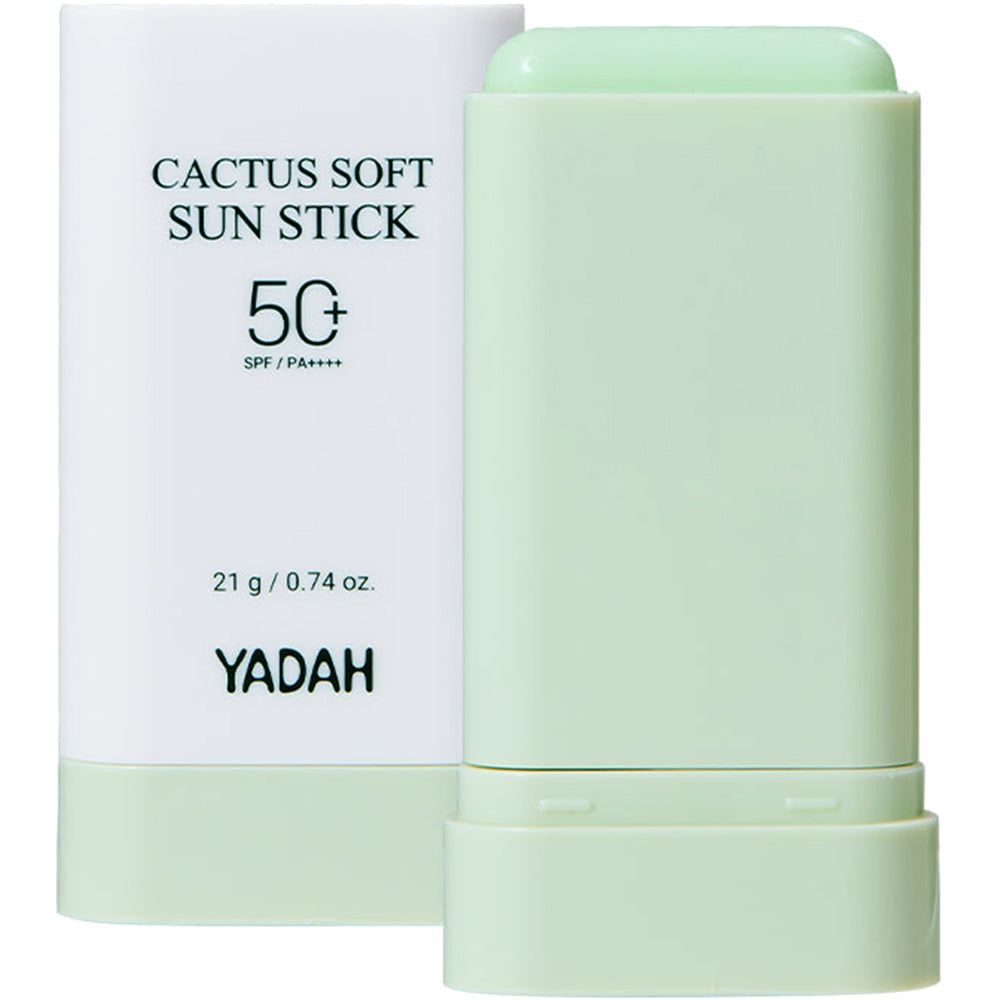 YADAH Cactus Soft Sun Stick, LSF 50+, 21g. Weißer Behälter mit hellgrünem Deckel und Stick.