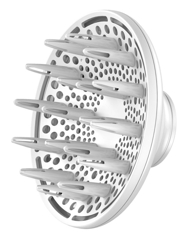 Weißer Diffusor-Aufsatz für den Haartrockner. Runde Form mit zahlreichen Aussparungen und länglichen Noppen.