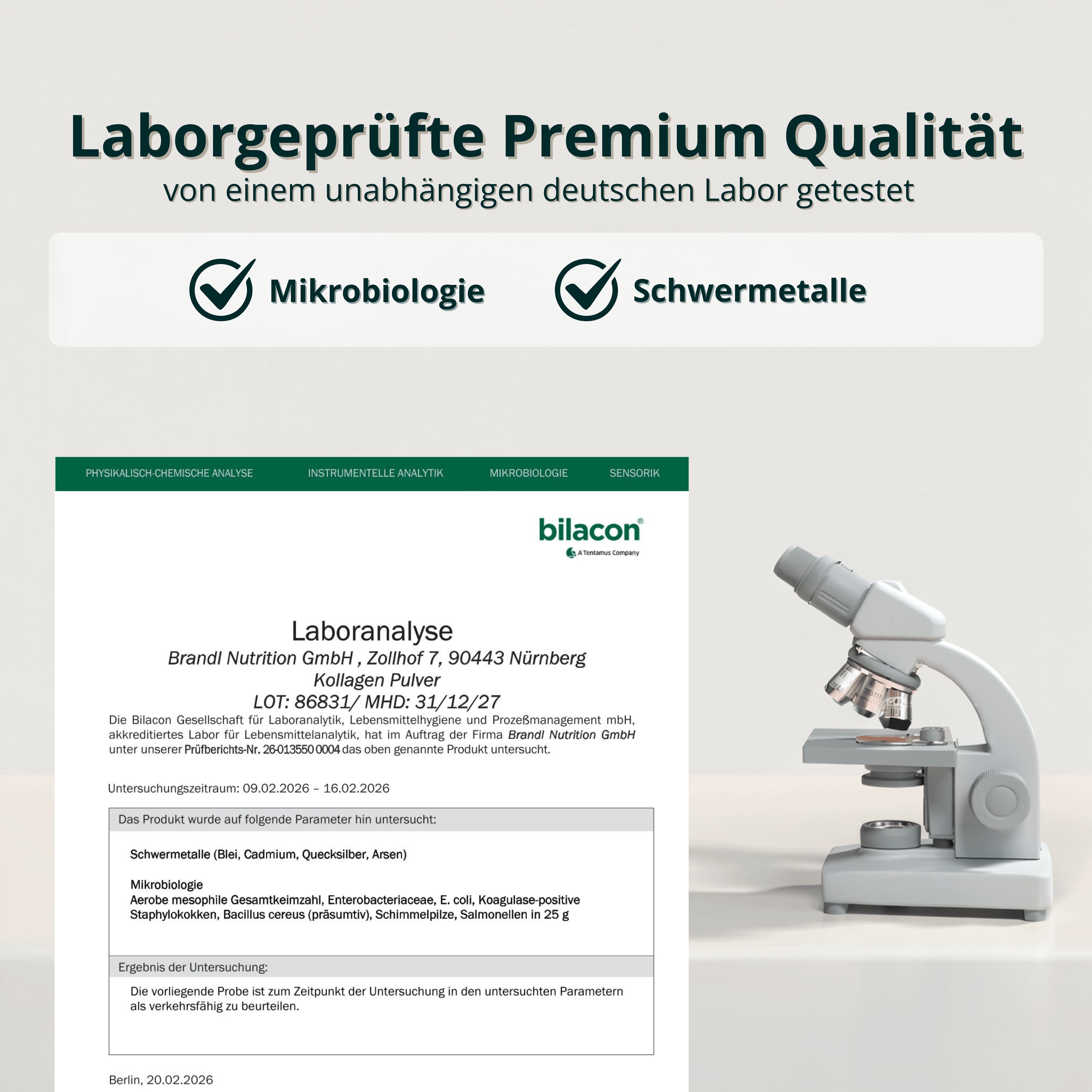 Laborbericht mit Mikroskop. Text: Laborgeprüfte Premium Qualität. Ergebnisse: Mikrobiologie, Schwermetalle.