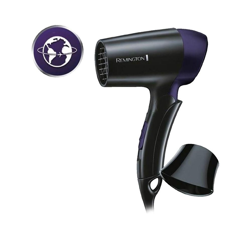 Schwarzer Haartrockner mit lila Akzenten und Aufsatz. Logo mit Weltkugel. Aufsatz liegt daneben. Griff mit Knöpfen.