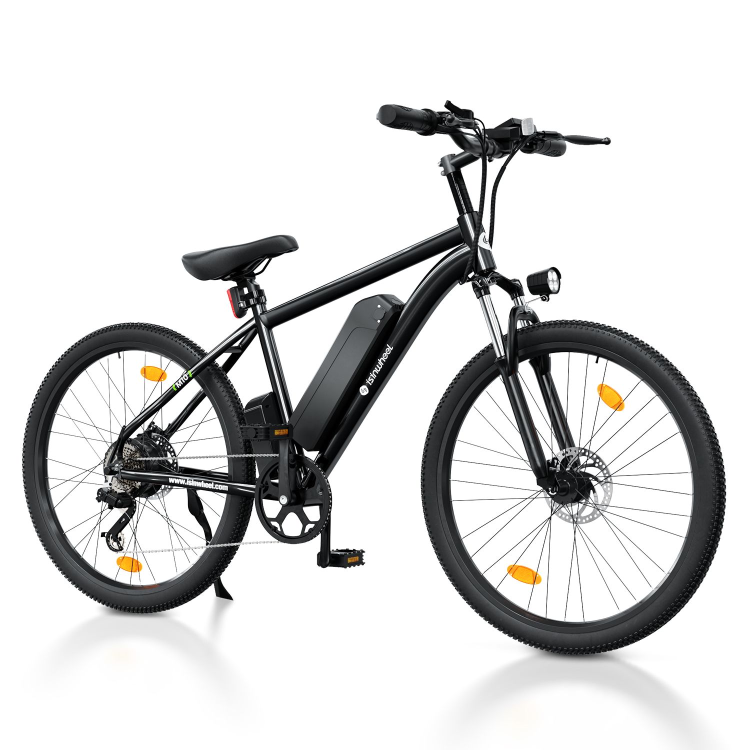Schwarzes E-Bike mit Scheinwerfer, Rücklicht und Akku. Das Fahrrad hat schwarze Reifen und einen schwarzen Rahmen. Das Logo ist sichtbar.