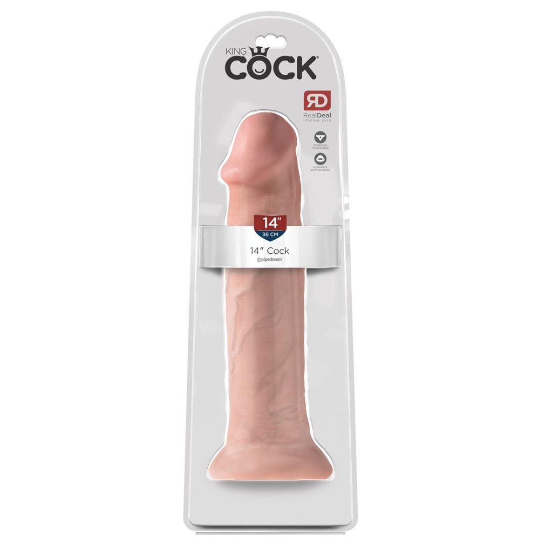 Dildo in Verpackung. Hautfarbenes Design, realistisch. Marke King Cock. 14 Zoll Cock-Aufdruck.