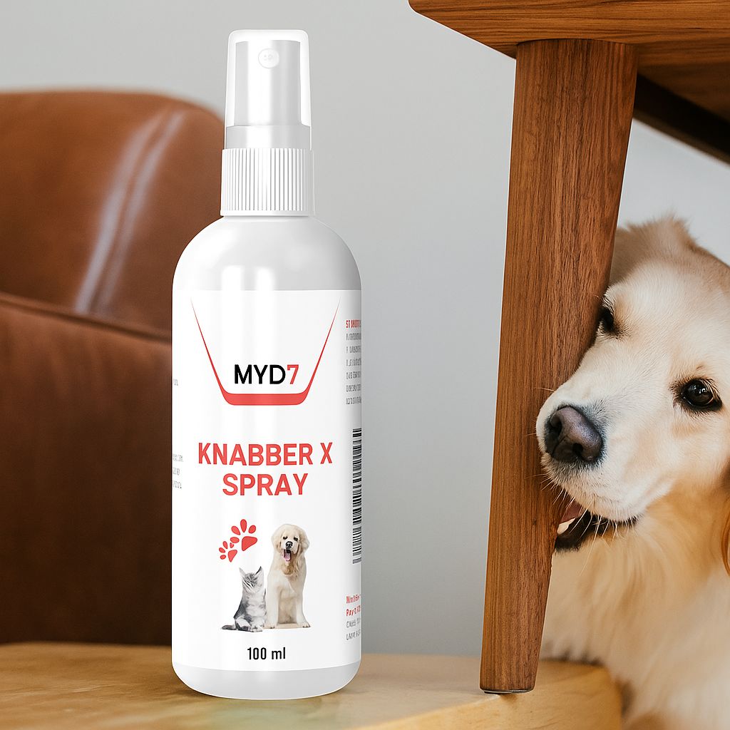 Weiße Sprühflasche mit roter Aufschrift MYD7, Knabber X Spray, Pfoten- und Tierabbildungen. Hund unter Tisch.