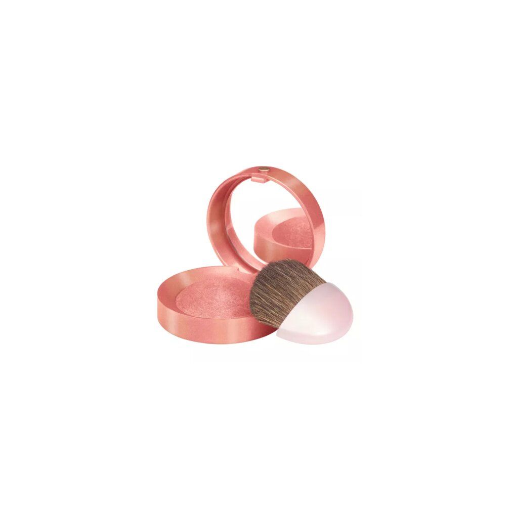 Rouge-Dose mit Spiegel und Pinsel, geöffnet. Rosa Puder mit leichtem Schimmer.