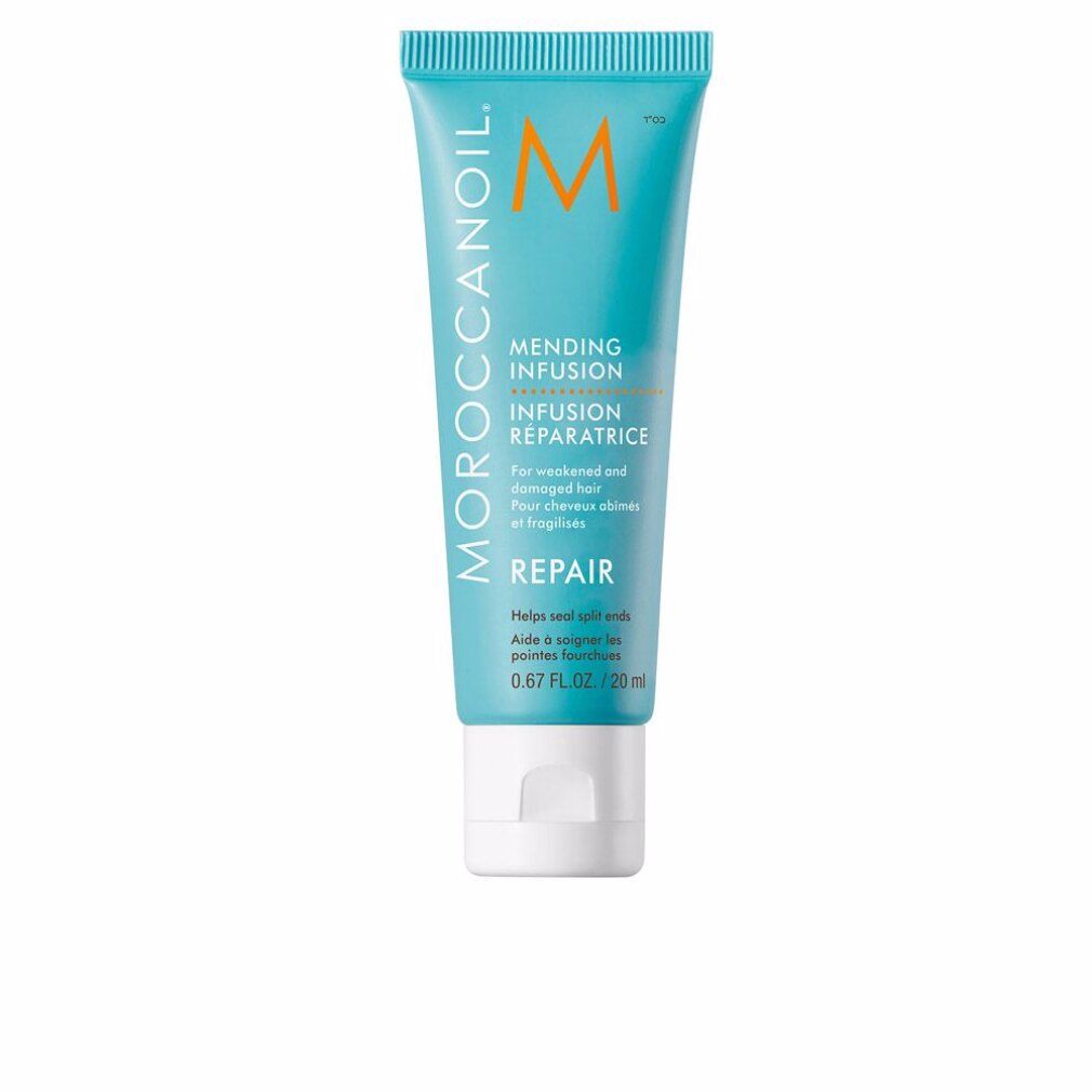 Türkisfarbene Tube mit weißem Verschluss. Aufschrift: MOROCCANOIL, Mending Infusion, Repair. 0.67 FL.OZ./20 ml.