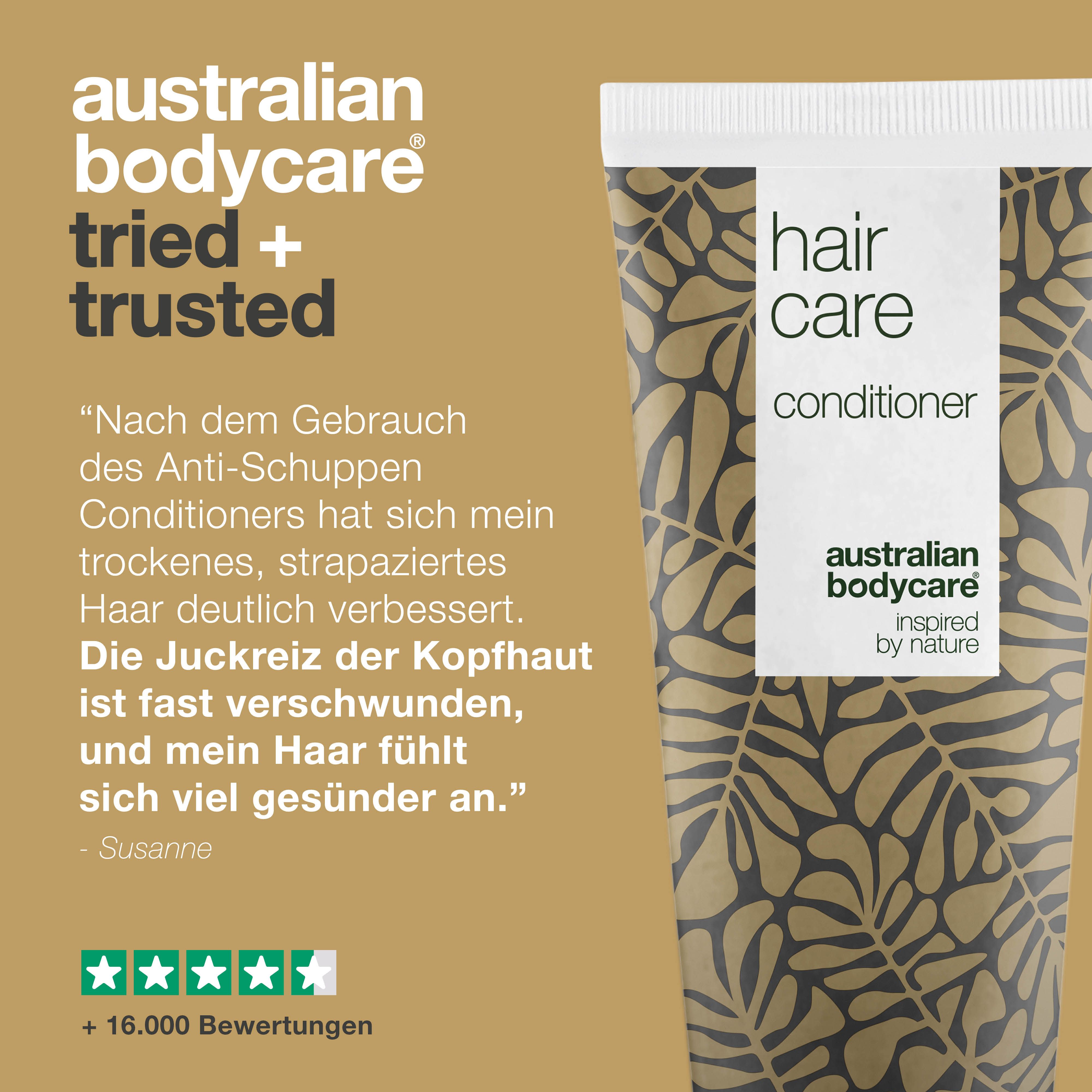Text und Zitat. Aufschrift: Hair Care, Conditioner, Australian Bodycare. Zitat: Nach dem Gebrauch hat sich mein Haar verbessert.