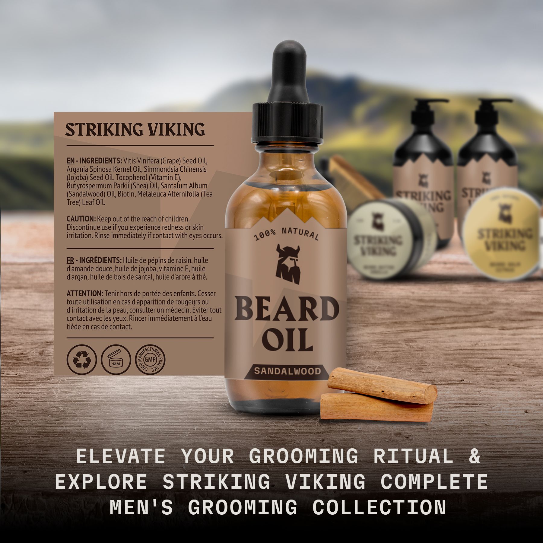 Bartölflasche mit Pipette, Etikett "Striking Viking", im Hintergrund weitere Produkte.