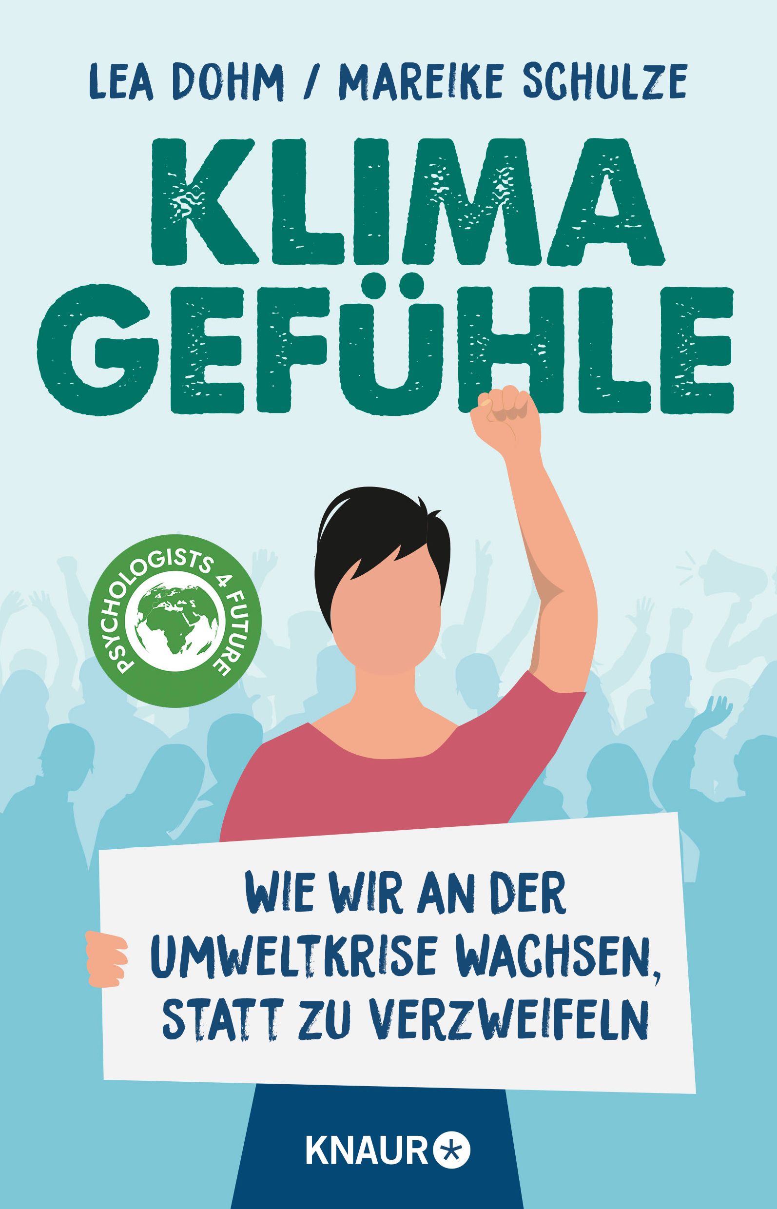 Buchcover mit Titel "Klimafühle". Person mit Schild, grüne Schrift, Logo "Psychologists 4 Future".