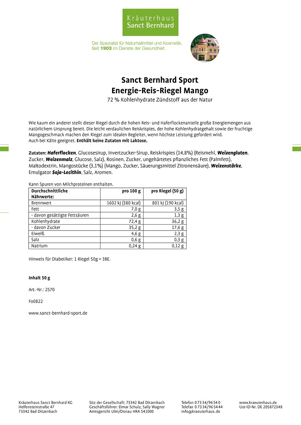 Sanct Bernhard Sport Energie Reis-Riegel Mango 11er-Pack