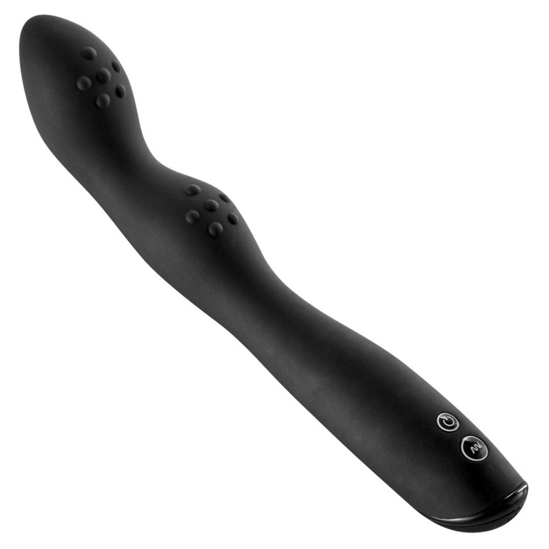Schwarzer Vibrator mit wellenförmigem Design. Auf der Oberfläche befinden sich kleine, runde Erhebungen. Am Ende befinden sich zwei Knöpfe.