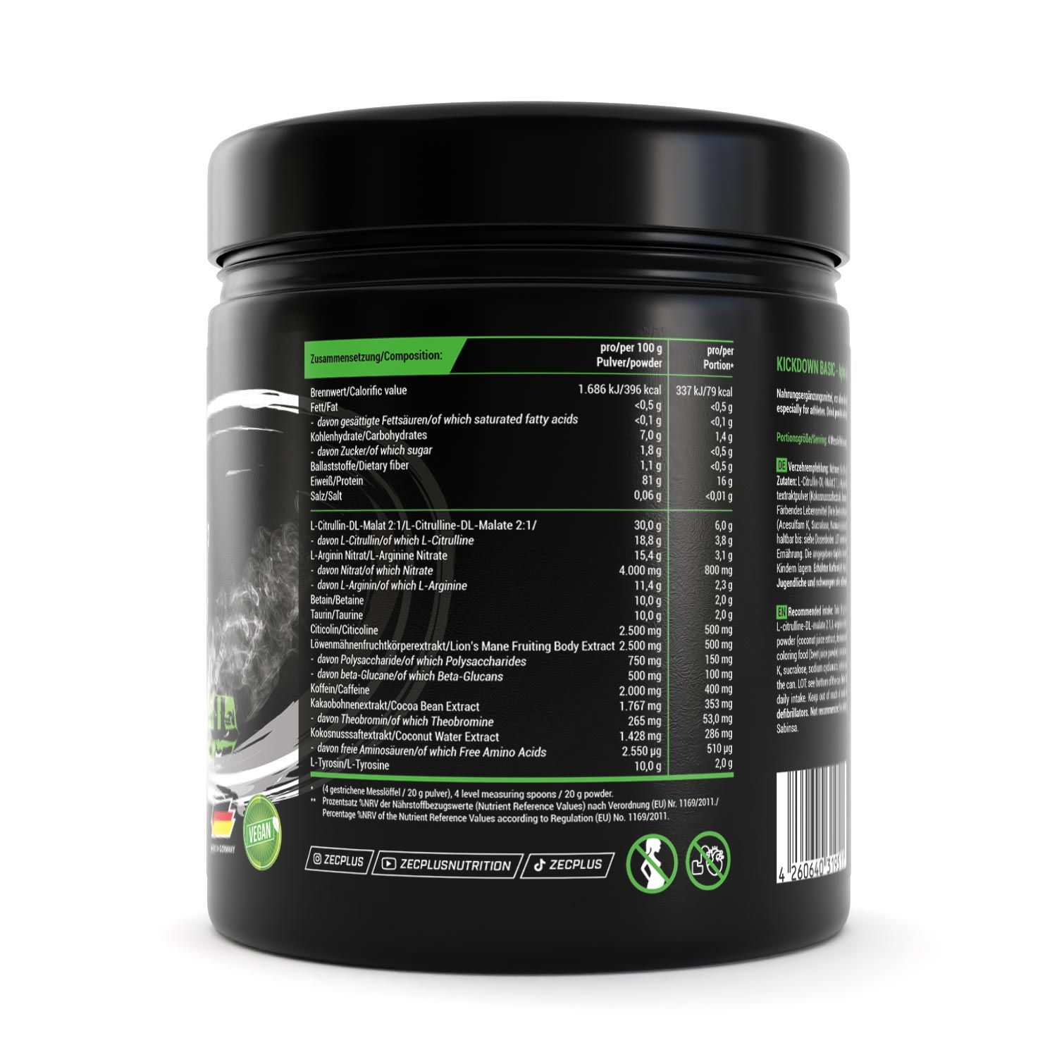 Schwarze Dose, Rückseite. Text: Nährwertangaben, Inhaltsstoffe. Logo: ZEC+. Grüner Aufkleber mit Text.