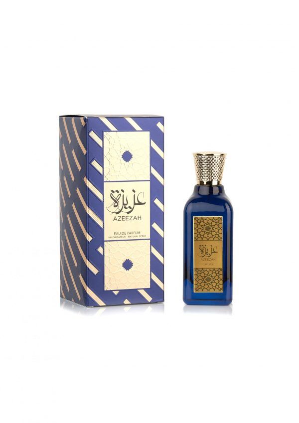 Blaue Flasche und Schachtel mit goldenen Akzenten. Aufschrift: Azeezah Eau de Parfum.
