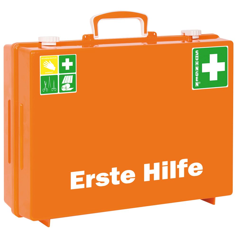 Orange Erste-Hilfe-Koffer mit weißem Griff und Aufklebern. Aufschrift "Erste Hilfe". Logo und grünes Kreuz. DIN 13169.