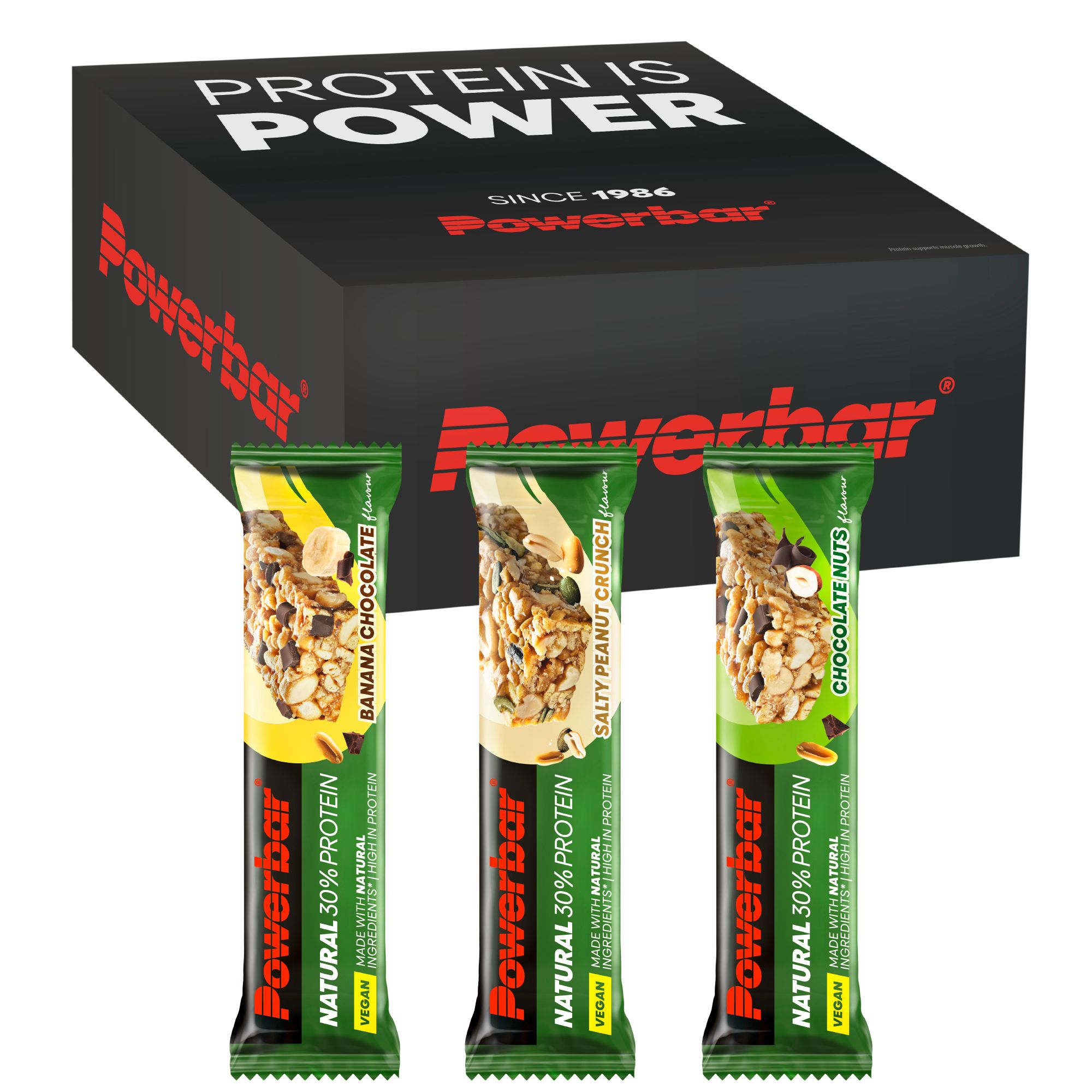 Schwarze POWERBAR Box mit drei Riegeln in den Geschmacksrichtungen Banana Chocolate, Salty Peanut Crunch und Chocolate Nuts. Protein is Power.