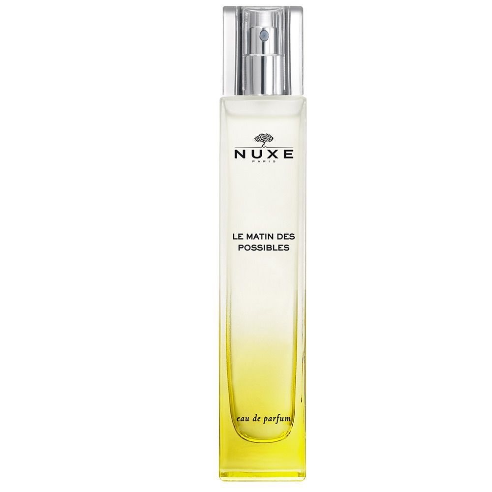 Rechteckiger Flakon mit transparentem Verschluss. Aufschrift: NUXE, Le Matin des Possibles, eau de parfum. Farbverlauf von gelb nach transparent.