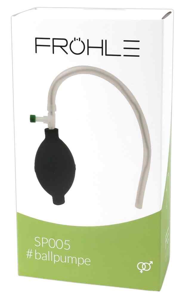 Produktverpackung mit schwarzer Ballpumpe, transparentem Schlauch und grünem Ventil. Marke Fröhle, Modell SP005.
