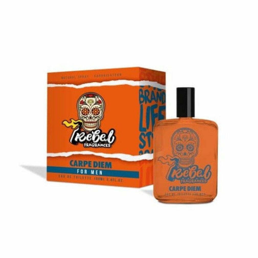 Orangefarbene Flasche und Schachtel. Aufdruck: Totenkopf, "Rebel Fragrances", "Carpe Diem For Men".