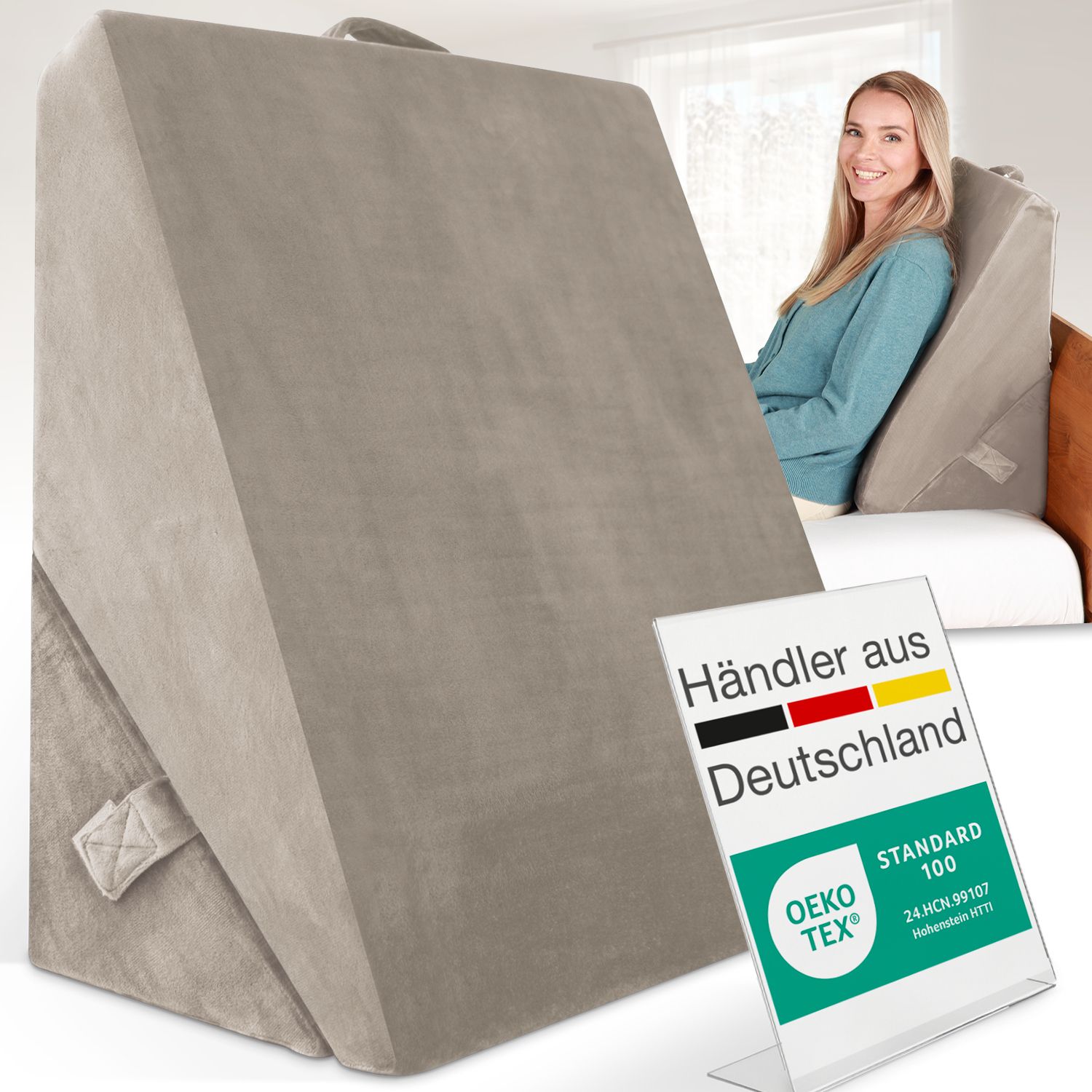 ELONEO Keilkissen mit Nackenrolle mit praktischem Seitenfach, waschbar & pflegeleicht, Venenkissen