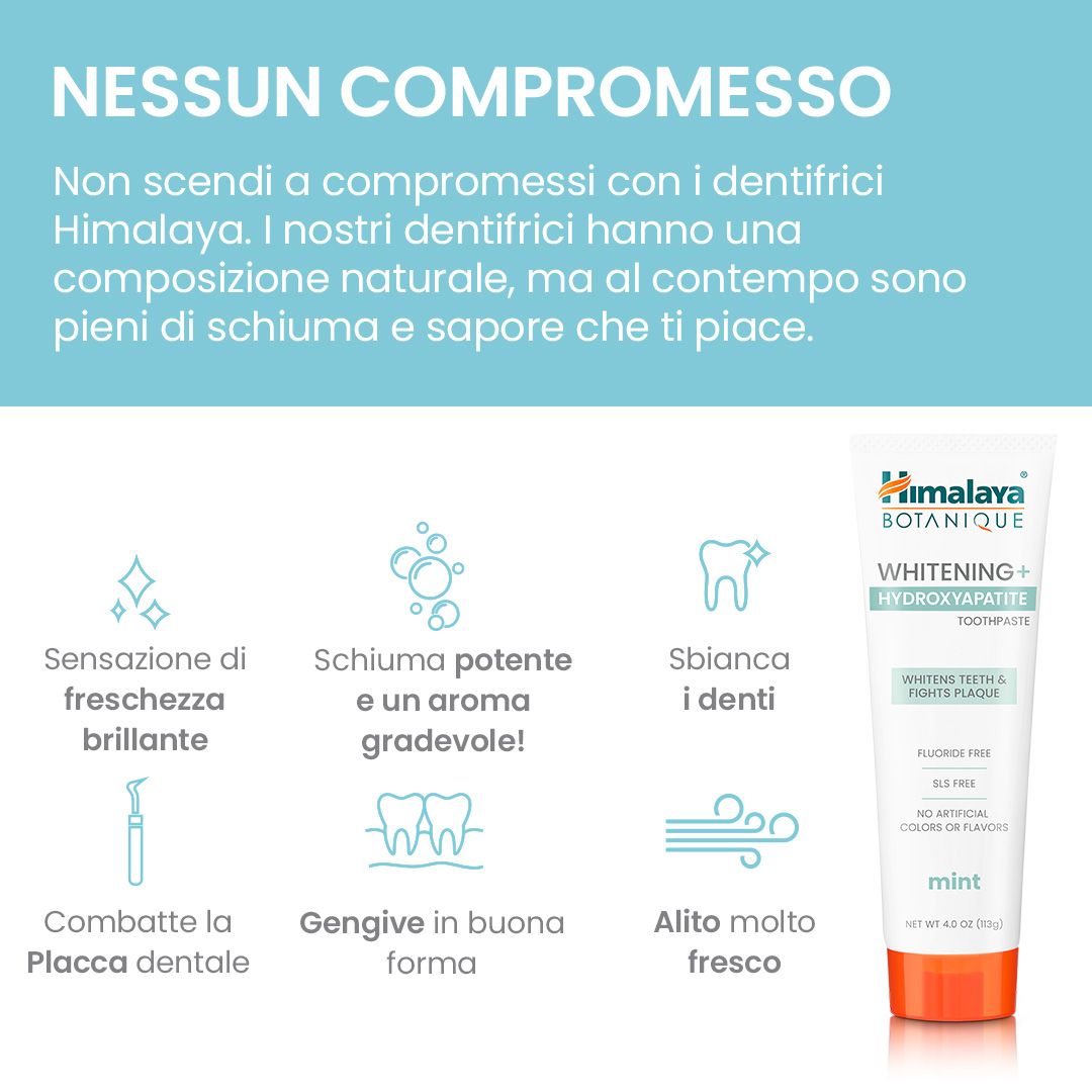 Himalaya Botanique Whitening Zahnpasta mit Icons für Frische, Schaum, Aufhellung, Plaque, Zahnfleisch, Atem.