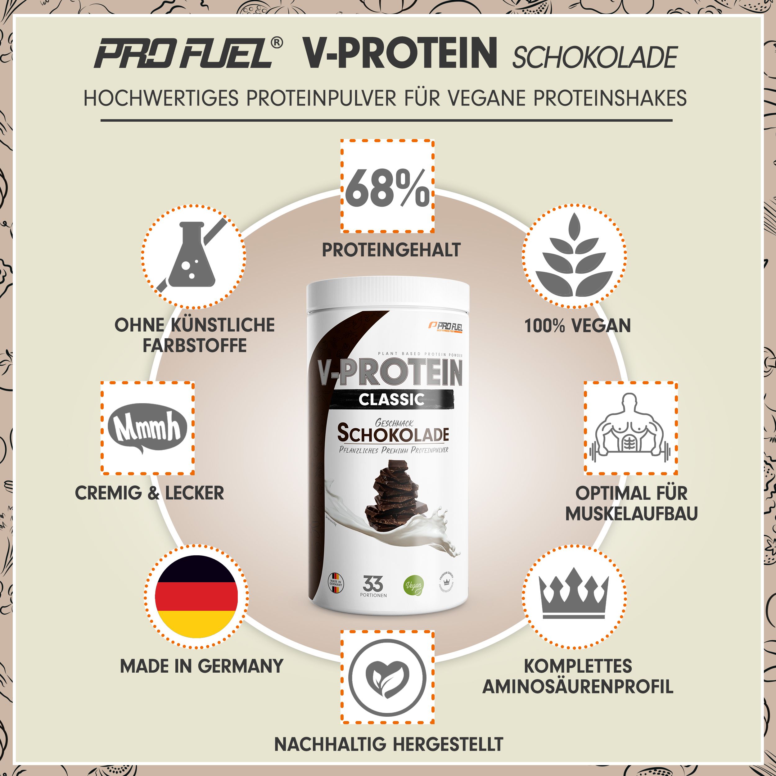 ProFuel - V-Protein Classic Schokolade veganes Proteinpulver mit 68% Protein 1000 g Pulver