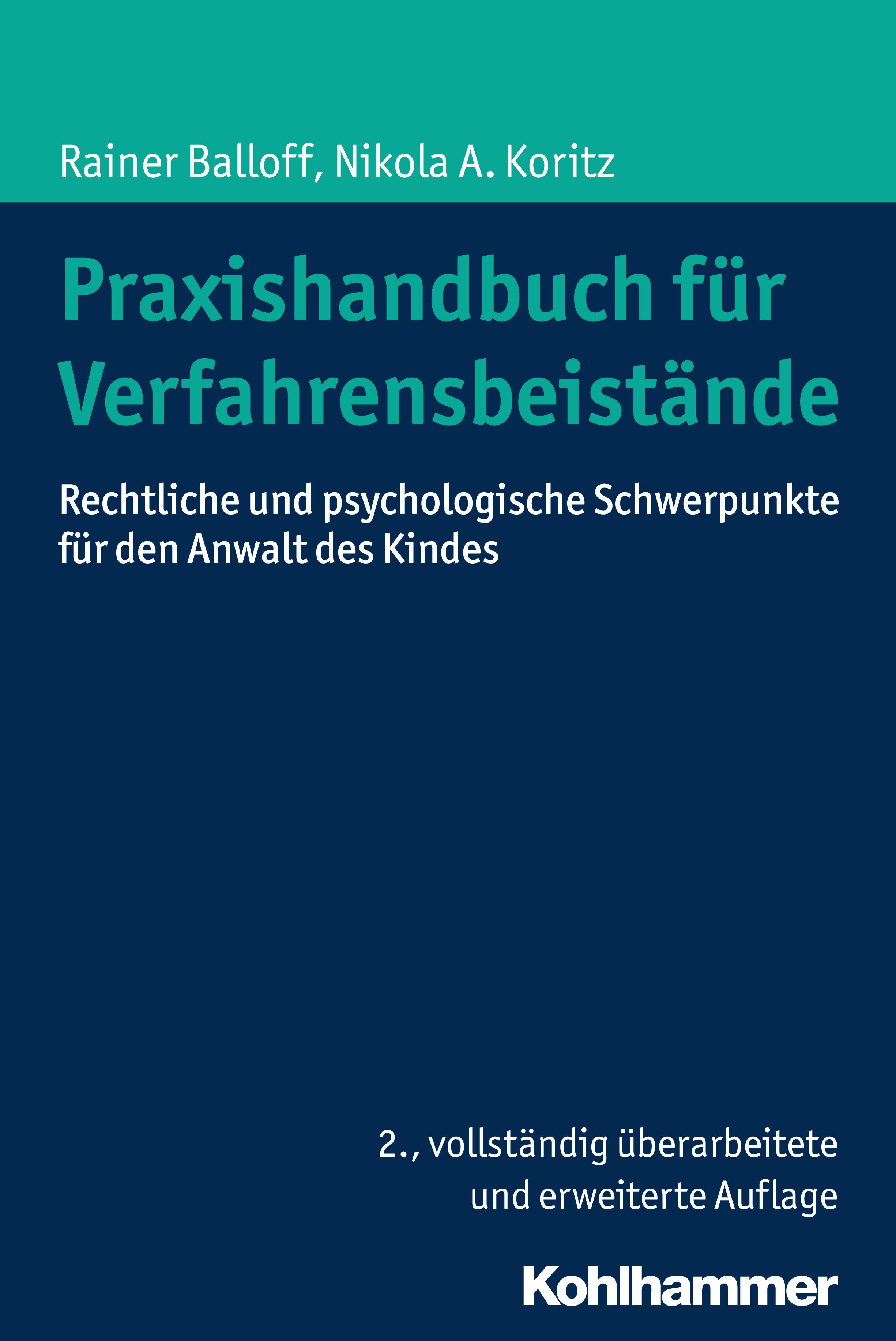 Buchcover: "Praxishandbuch für Verfahrensbeistände". Autoren: Rainer Balloff, Nikola A. Koritz. Verlag: Kohlhammer. Titel in Türkis auf blauem Hintergrund.