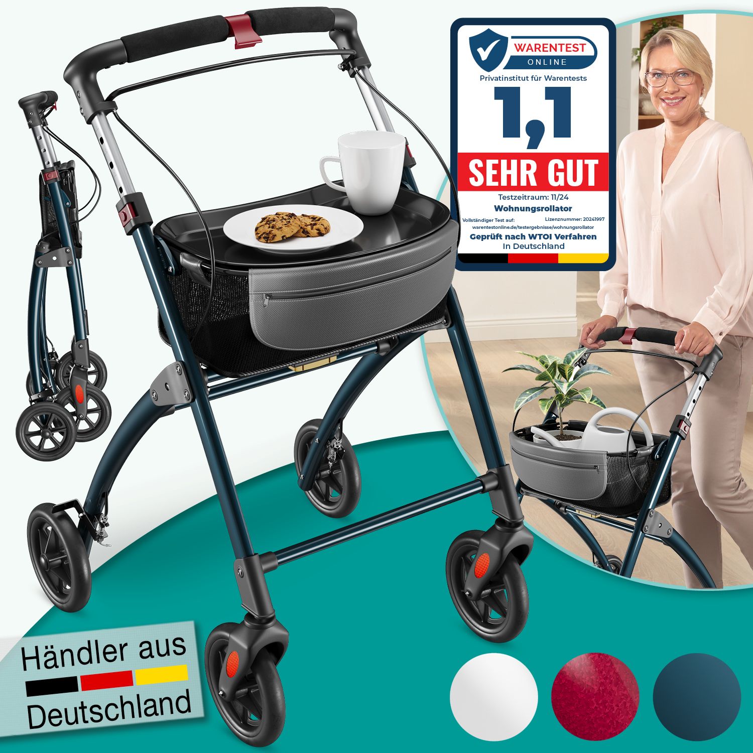 Rollator mit Tablett, Korb, Feststellbremse und Rädern. Zertifikat "SEHR GUT". Frau mit Rollator.