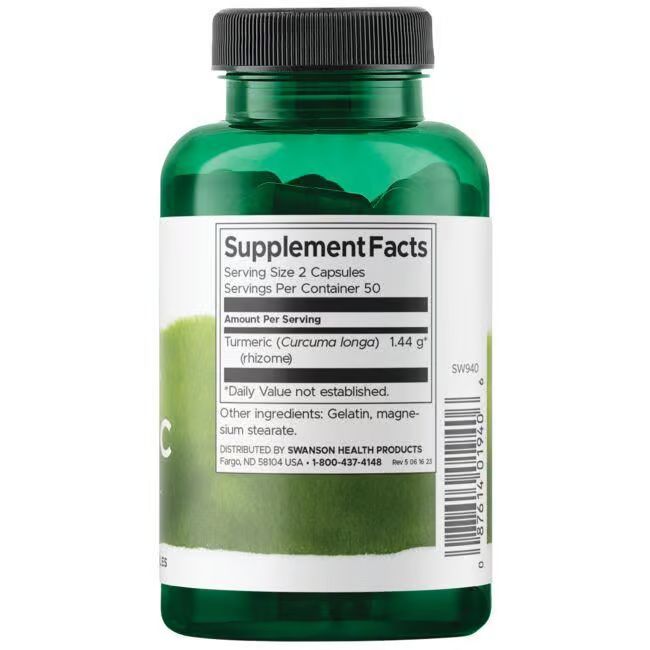 Grüne Flasche mit schwarzen Deckel. Etikett mit Produktinformationen: Swanson Kurkuma 720 mg, Zutaten, Dosierung.