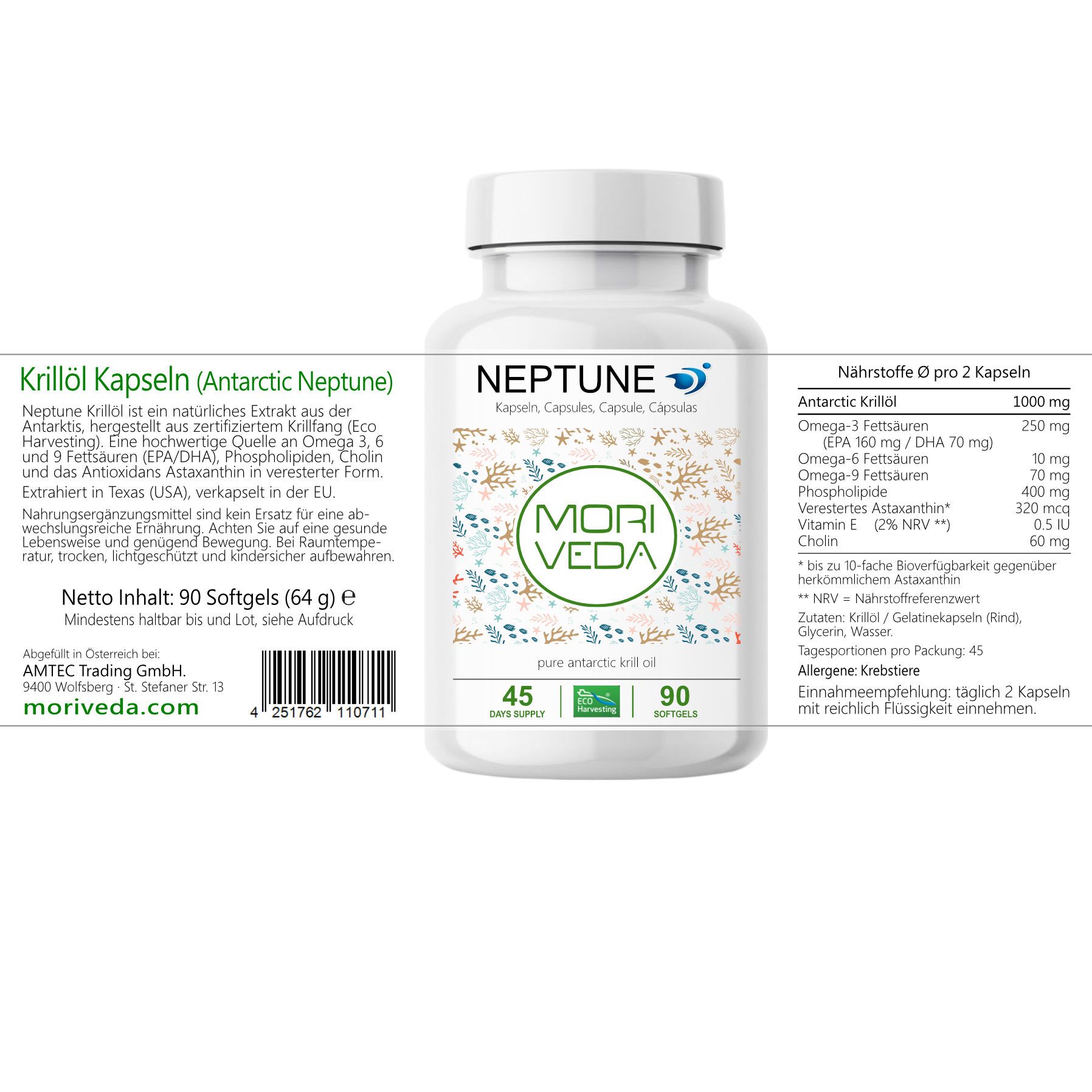 Weiße Flasche mit Kapseln. Aufschrift: Neptune Krillöl Kapseln, Moriveda. Nährwertangaben pro 2 Kapseln. 90 Softgels. Mit Austria-Siegel.