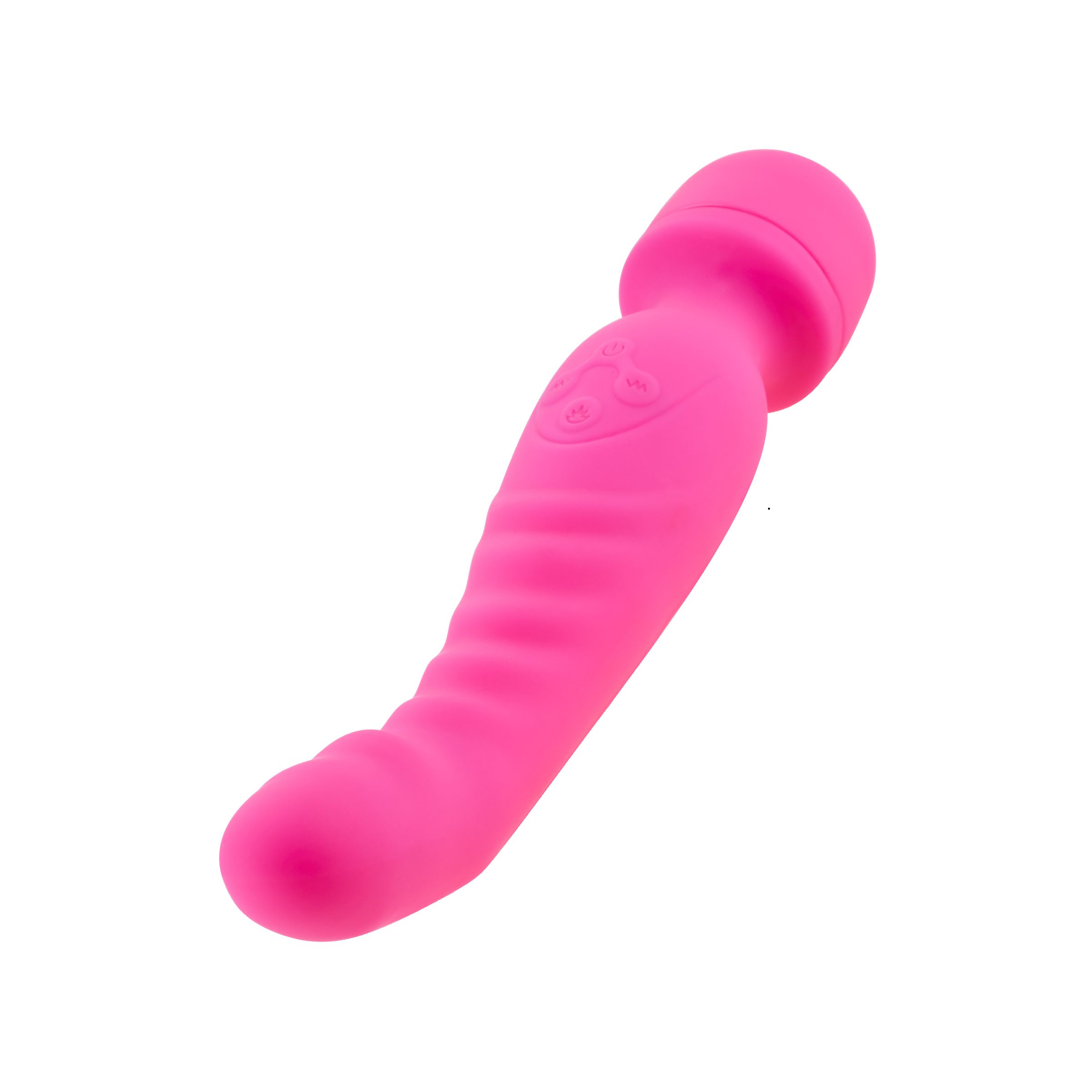 Pinkfarbener Vibrator mit abgerundetem Kopf und geriffeltem Schaft. Logo auf dem Schaft.