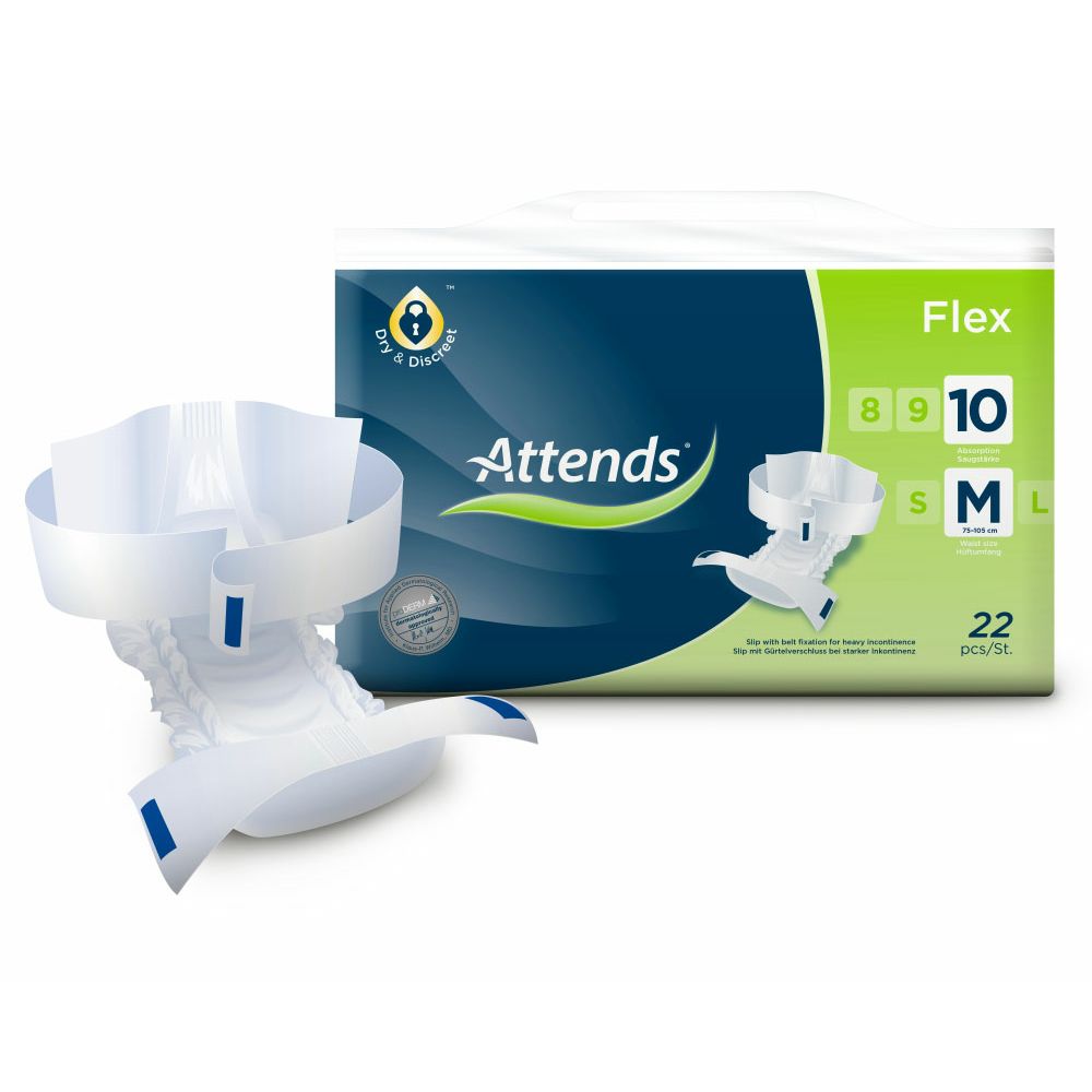 Attends Flex 10 M. Weiße Inkontinenzvorlage mit blauen Elementen. Verpackung mit Produktname und Größenangabe.
