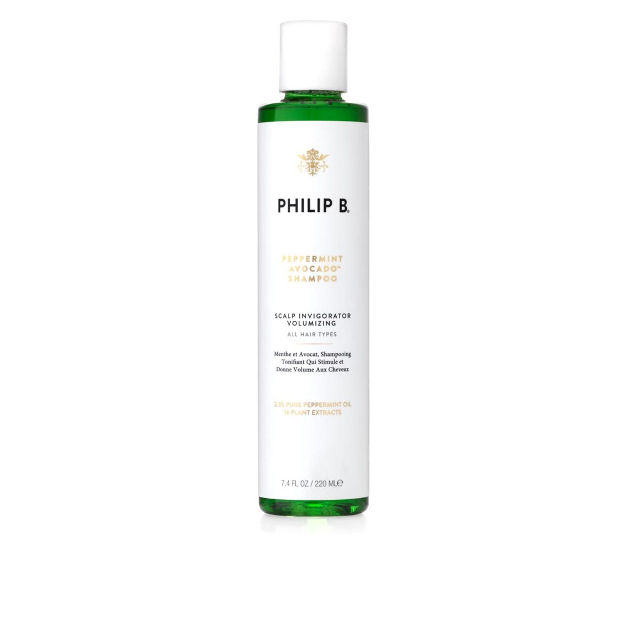 Weiß-grüne Shampoo-Flasche mit weißem Deckel. Aufschrift: Philip B, Peppermint Avocado Shampoo. Text: Scalp Invigorator Volumizing.