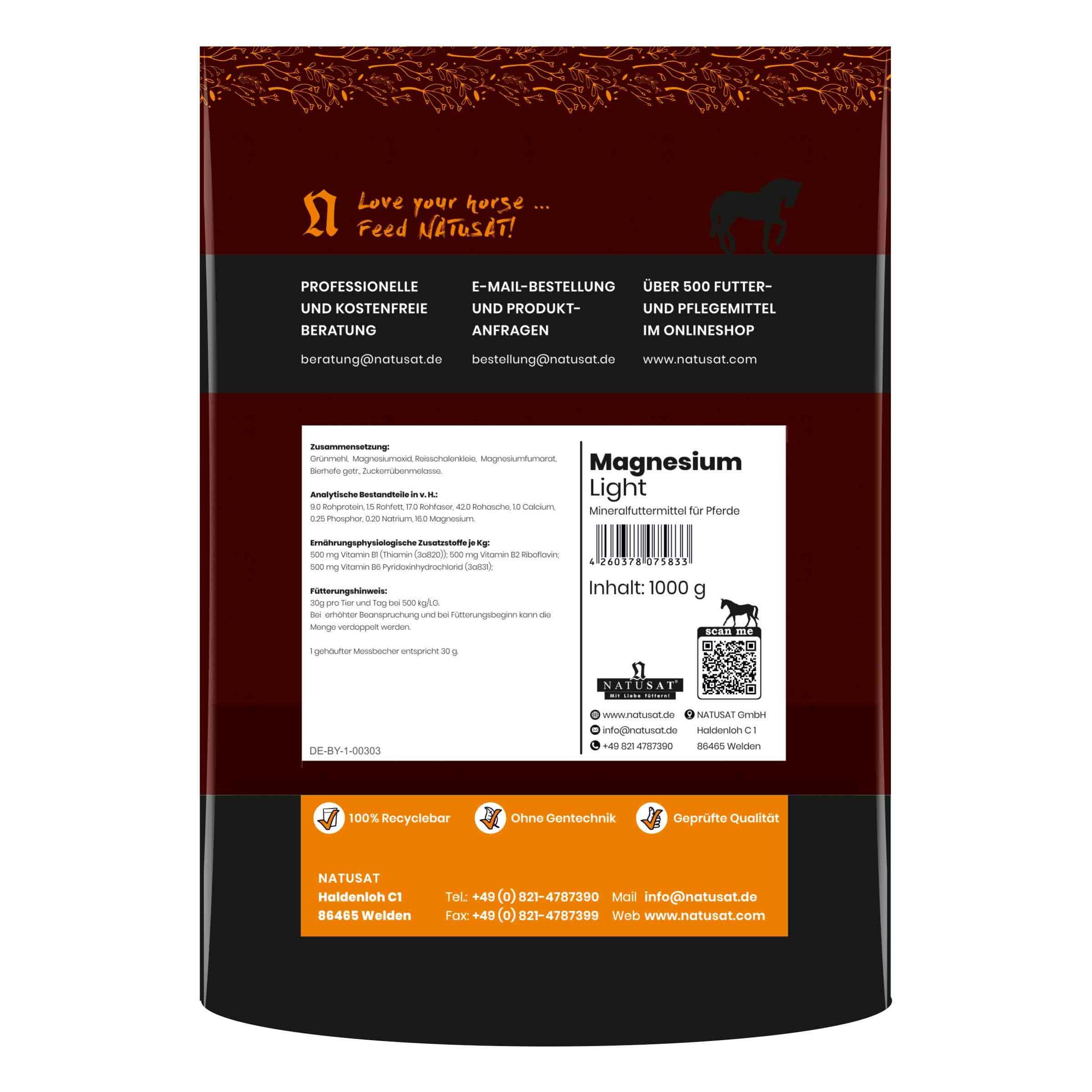 Rückseite Natusat Magnesium Light Pellets 1000g Beutel mit Produktinformationen und QR-Code.