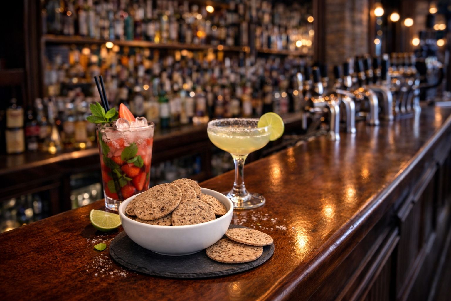 Chips in einer weißen Schale auf einer Theke. Daneben Cocktails und Limetten. Im Hintergrund eine Bar mit Flaschen.