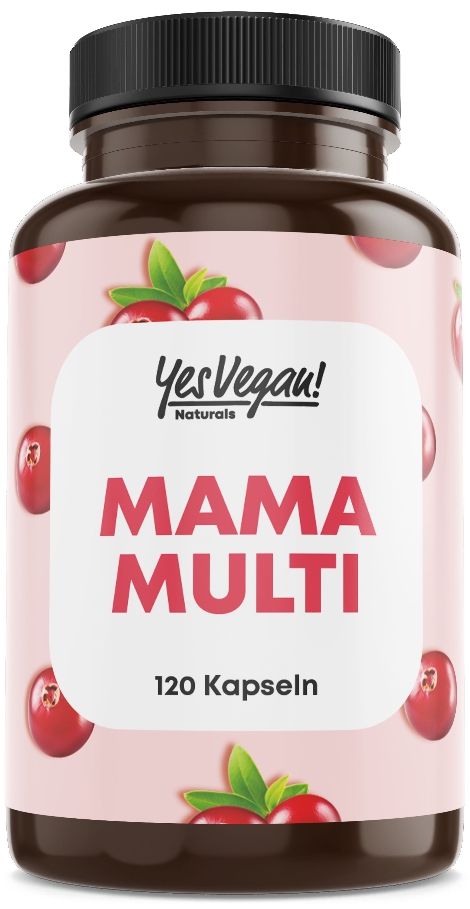 Braune Flasche Mama Multi, 120 Kapseln. Kirschmuster. Yes Vegan! Naturals Logo.