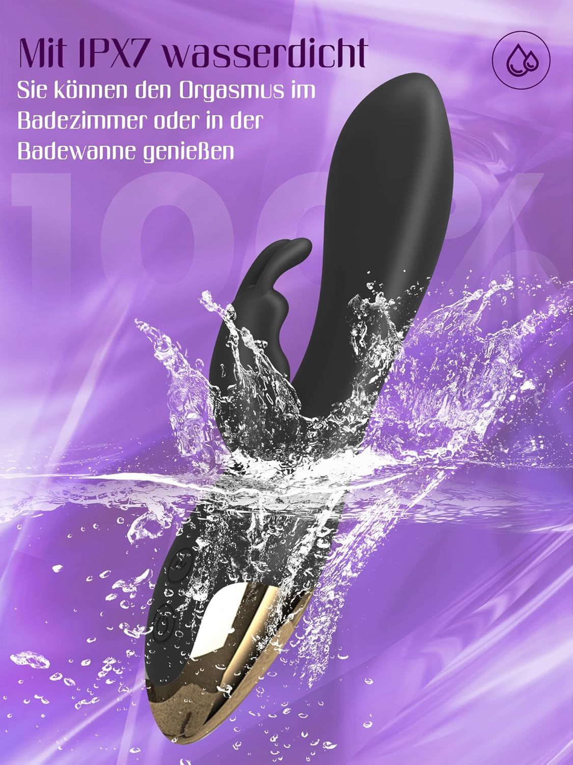 Schwarzer G-Punkt-Vibrator mit goldenem Ende, untergetaucht in Wasser.