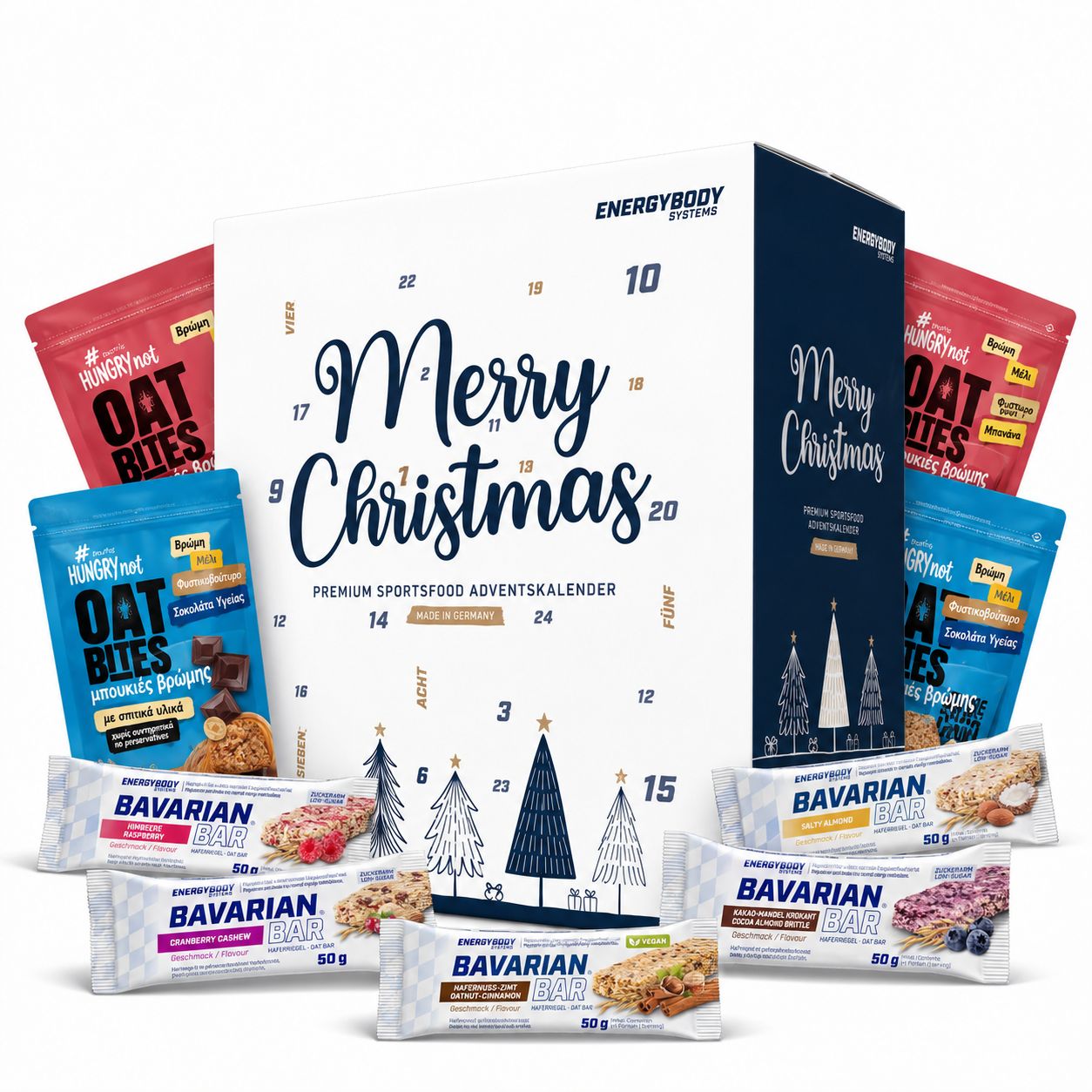 Adventskalender mit bayerischen Riegeln und Oat-Bites, Weihnachtsmotiv.