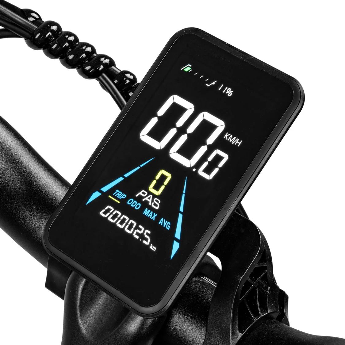 Fahrrad-Display mit digitaler Anzeige. Geschwindigkeit, Kilometer, Batterieanzeige. Schwarzer Rahmen, blaue und weiße Schrift.