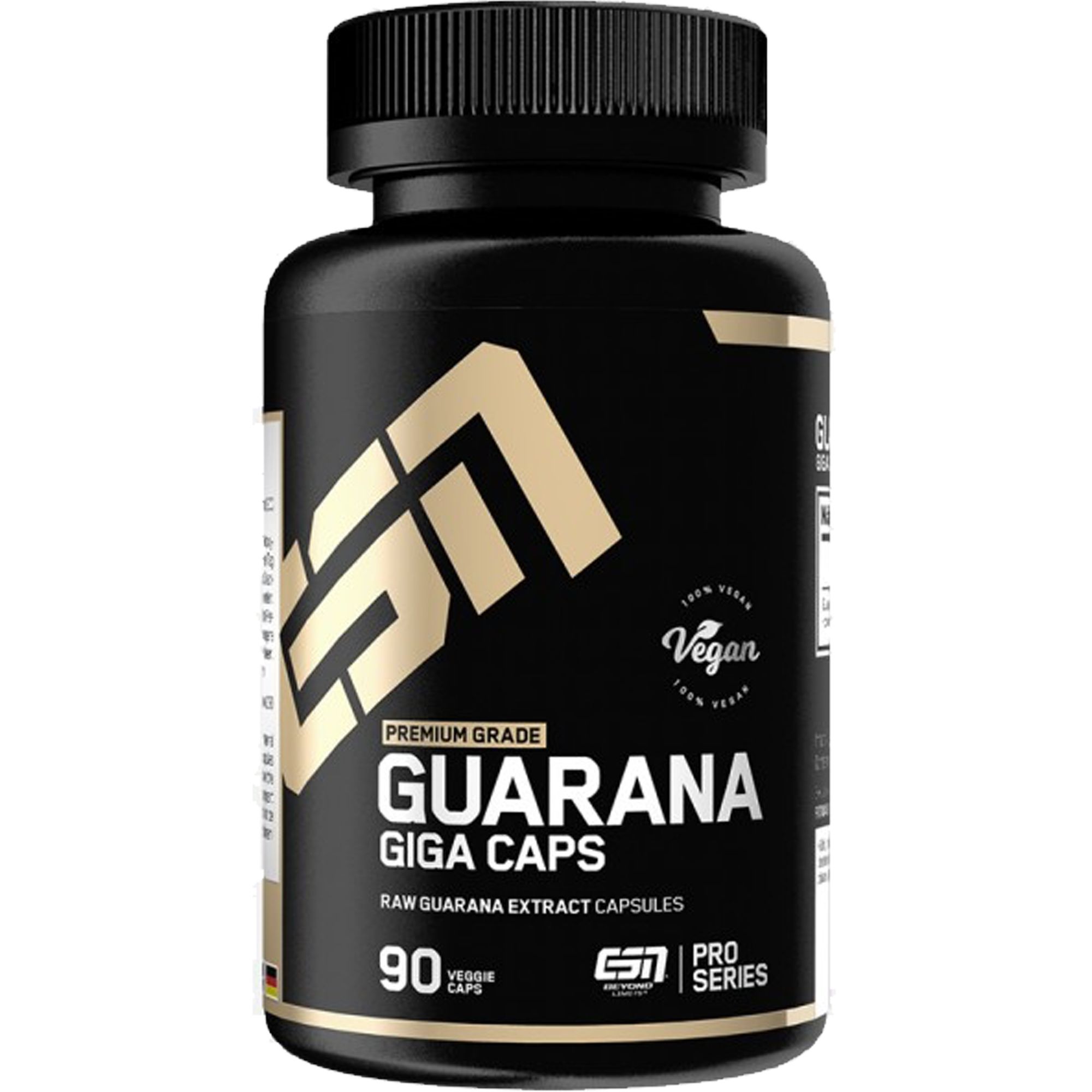 Schwarze Flasche mit "Guarana Giga Caps". Enthält 90 Kapseln. Vegan-Siegel. ESN Pro Series.