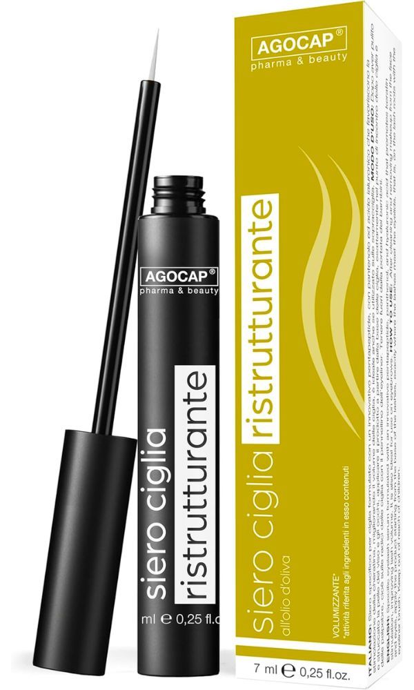 Schwarze Flasche und Applikator. Gelbe Verpackung mit Produktnamen und Logo. Text: „Siero ciglia ristrutturante“ und „7 ml 0,25 fl. oz.“