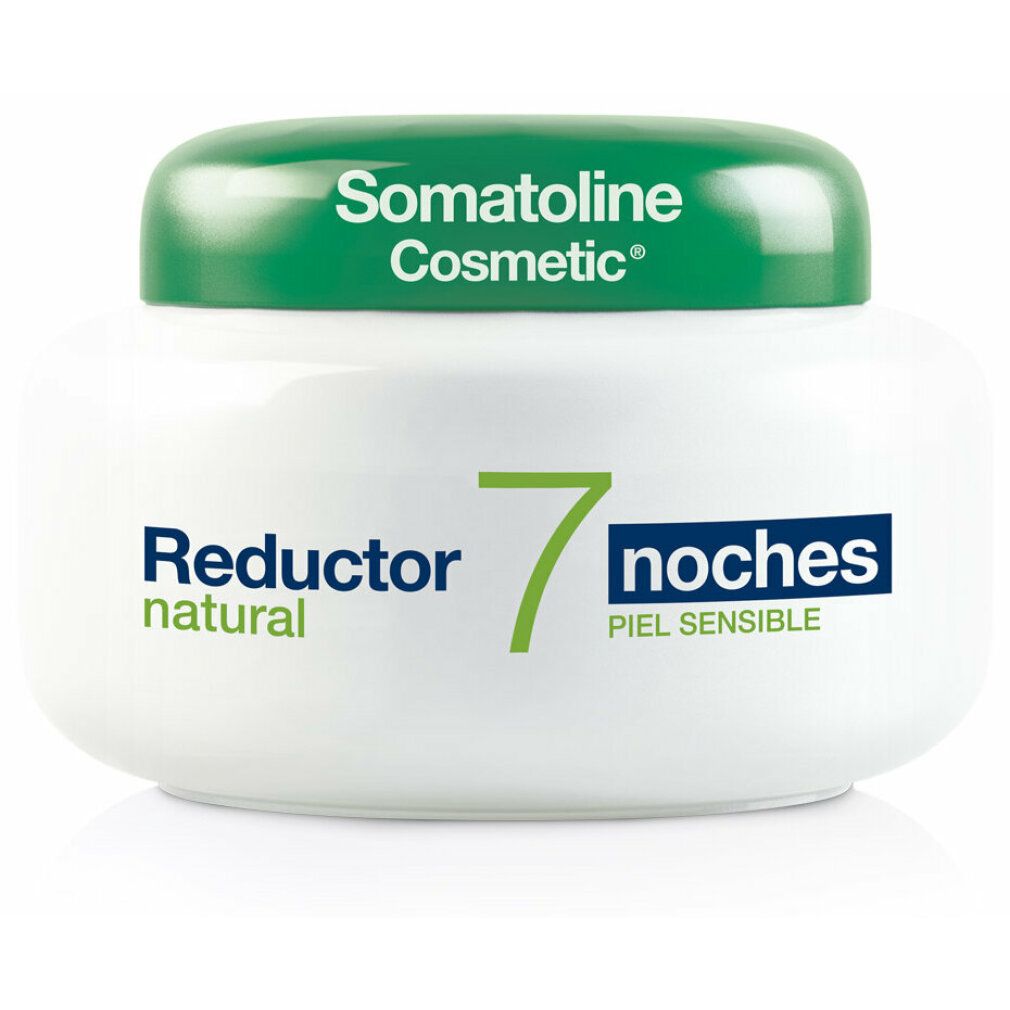 Produktverpackung: weiße Schachtel und Tiegel mit grünem Deckel. Aufschrift: Somatoline Cosmetic, Reductor natural, 7 noches.