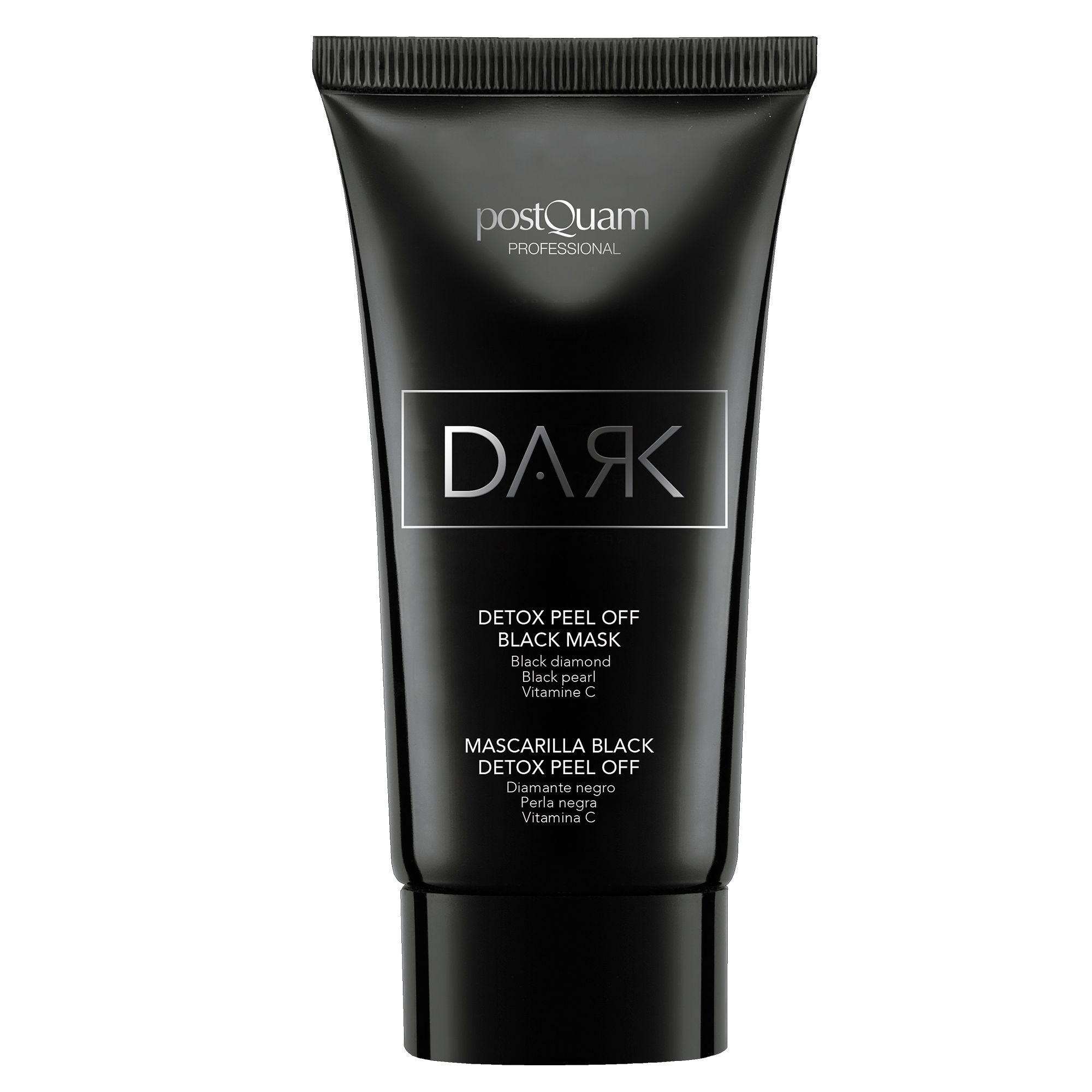 Schwarze Tube mit Produktbezeichnung "DARK Detox Peel Off Black Mask". Marke Postquam Professional.