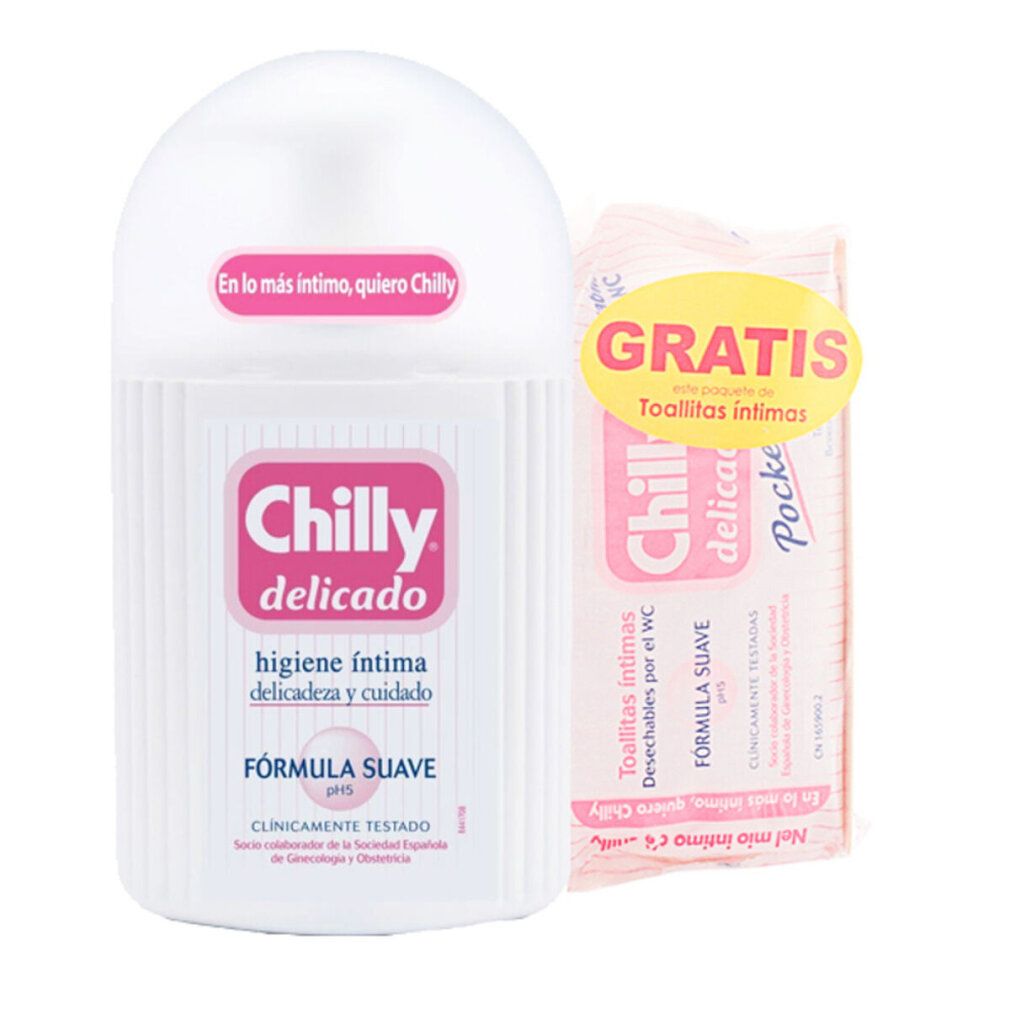 Weißes, zylindrisches Produkt mit rosa Etikett und Gratis-Packung. Text: Chilly delicado, Formel suave, pH5. Aufschrift: Hygiene intima, delicadeza y cuidado.