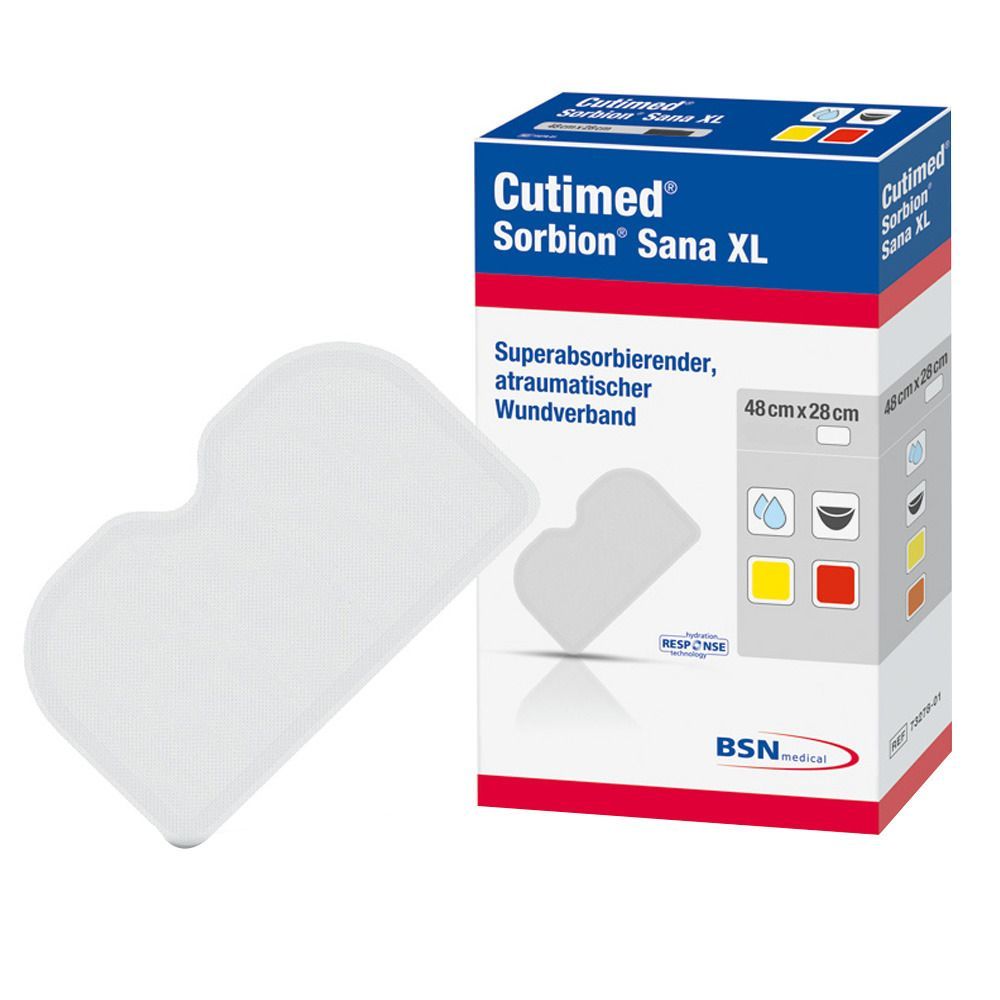 Wundverband Cutimed Sorbion Sana XL, weiß, neben Verpackung. Verpackung mit Produktname, Größenangabe 48x28 cm und Logo.