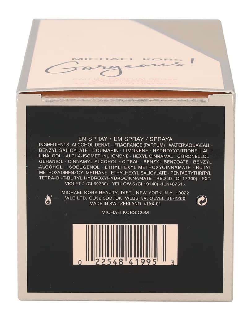 Verpackung des Parfums. Rosafarbene Schachtel mit Text und Barcode. Inhaltsstoffe und Herstellerangaben.