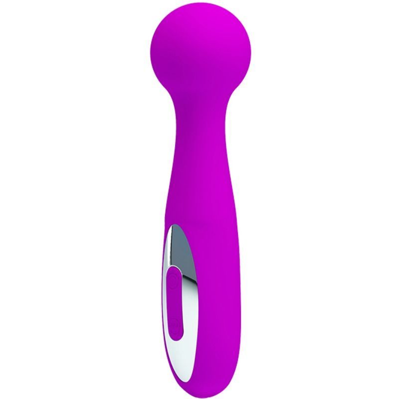 Lila Massager mit abgerundetem Kopf und Griff. Silberfarbener Knopf. Vertikale Ausrichtung.