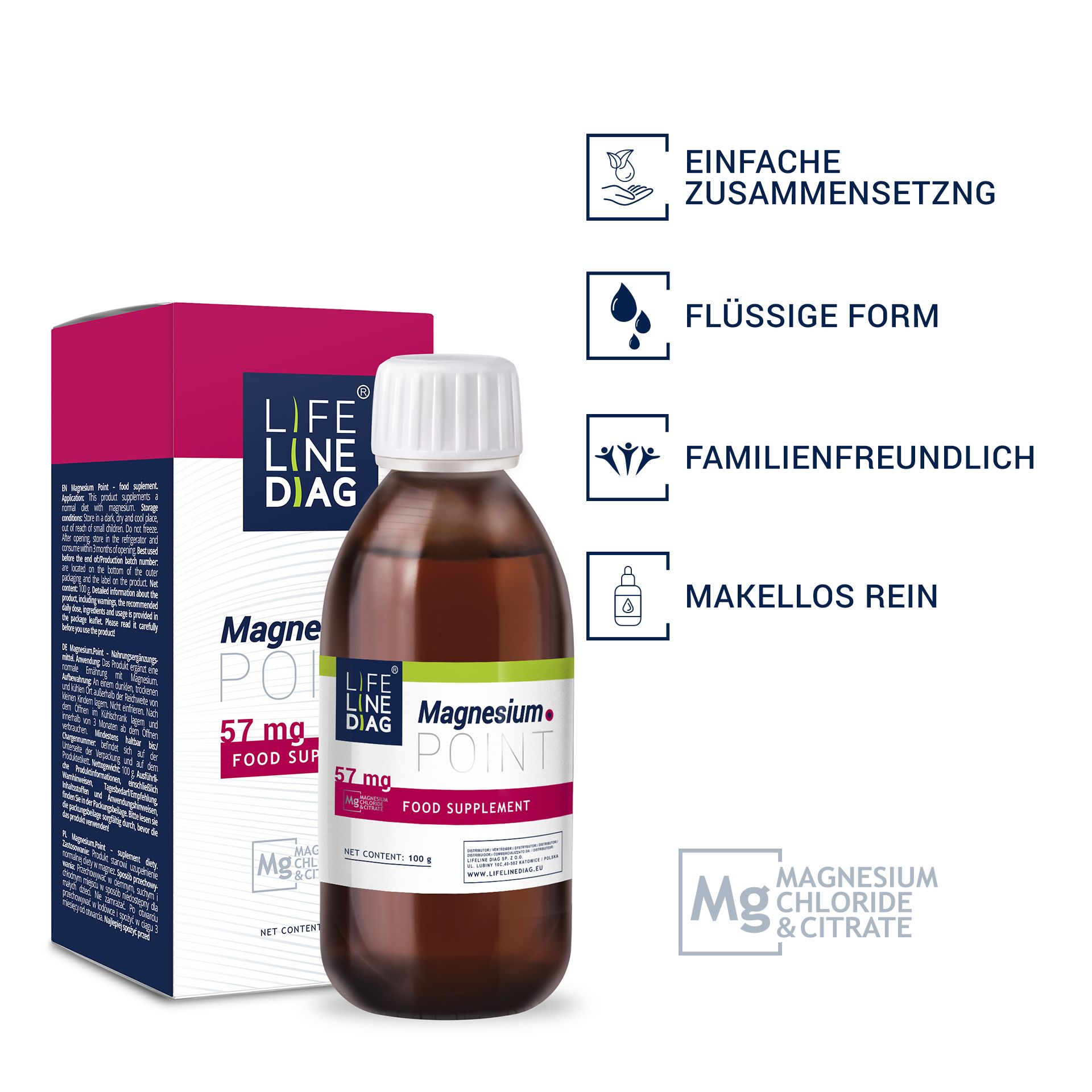 Magnesium.Point-Flasche und -Verpackung. Braune Flüssigkeit in einer Flasche mit weißem Deckel. Verpackung mit Text und Logo.