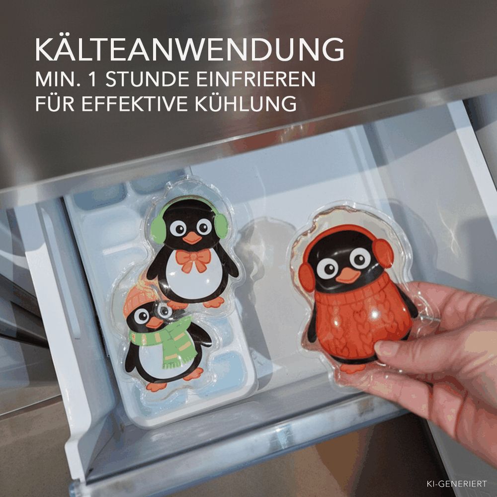 Drei Kühlakkus in Form von Pinguinen, einer davon wird aus einer Gefrierschublade genommen.