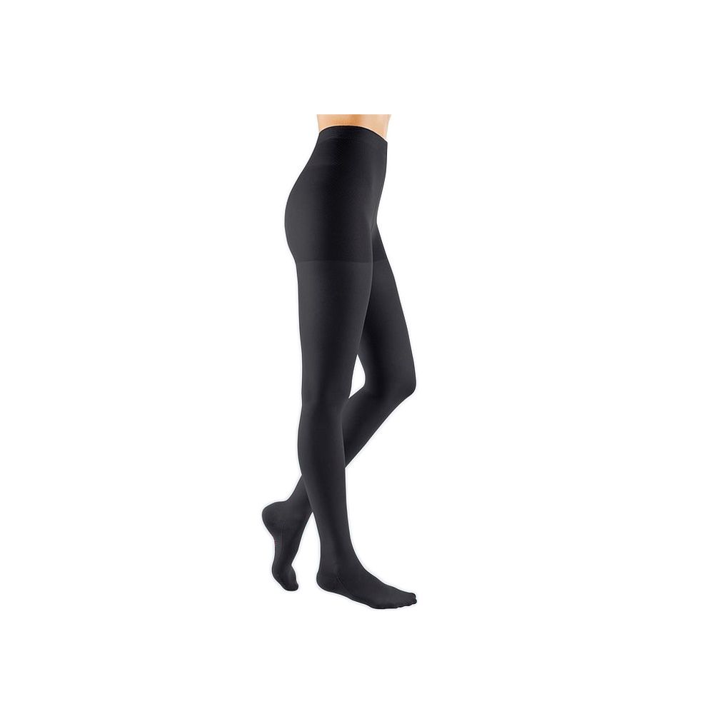 Schwarze Strumpfhose, Seitenansicht. Blick auf Bein und Fuß. Keine weiteren Details sichtbar.