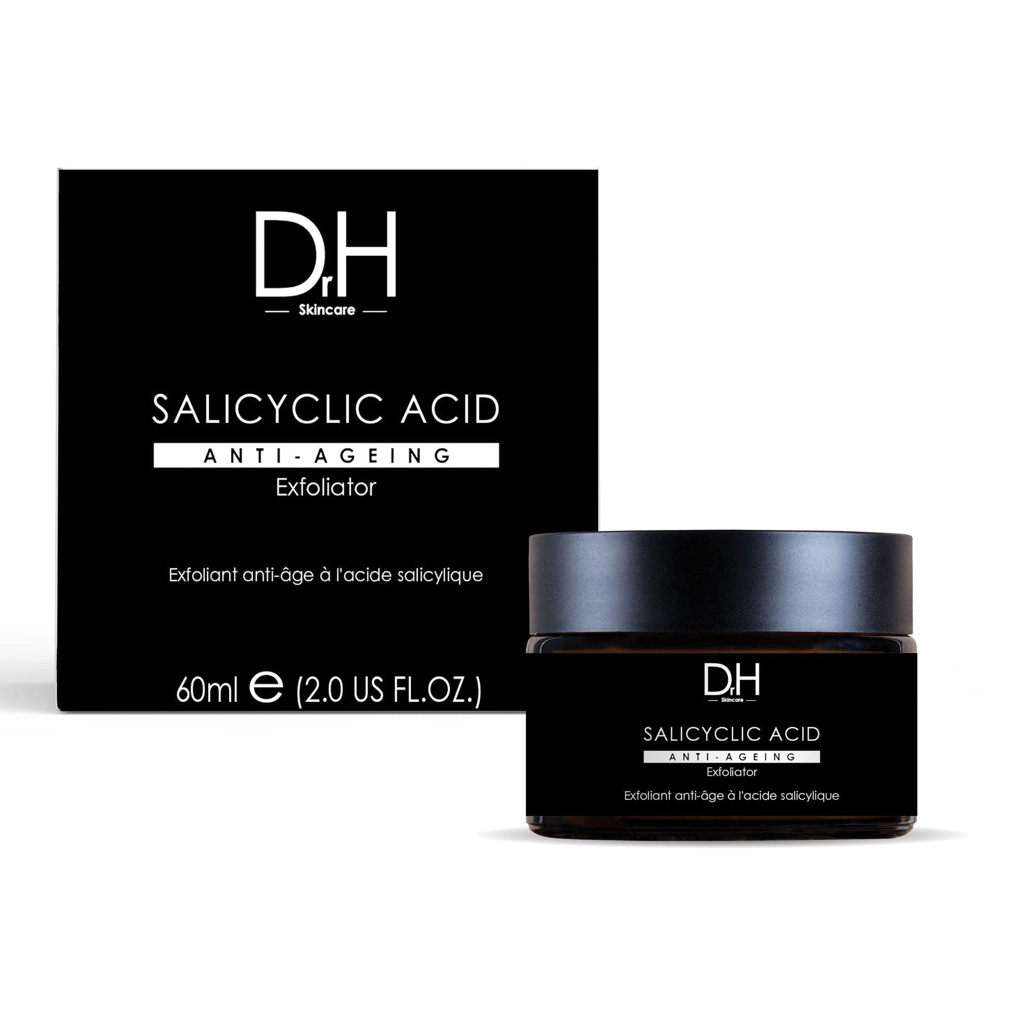 Salicylsäure Anti-Aging Exfoliator in Tiegel und Verpackung. Schwarze Etiketten mit Produktinformationen. 60ml.