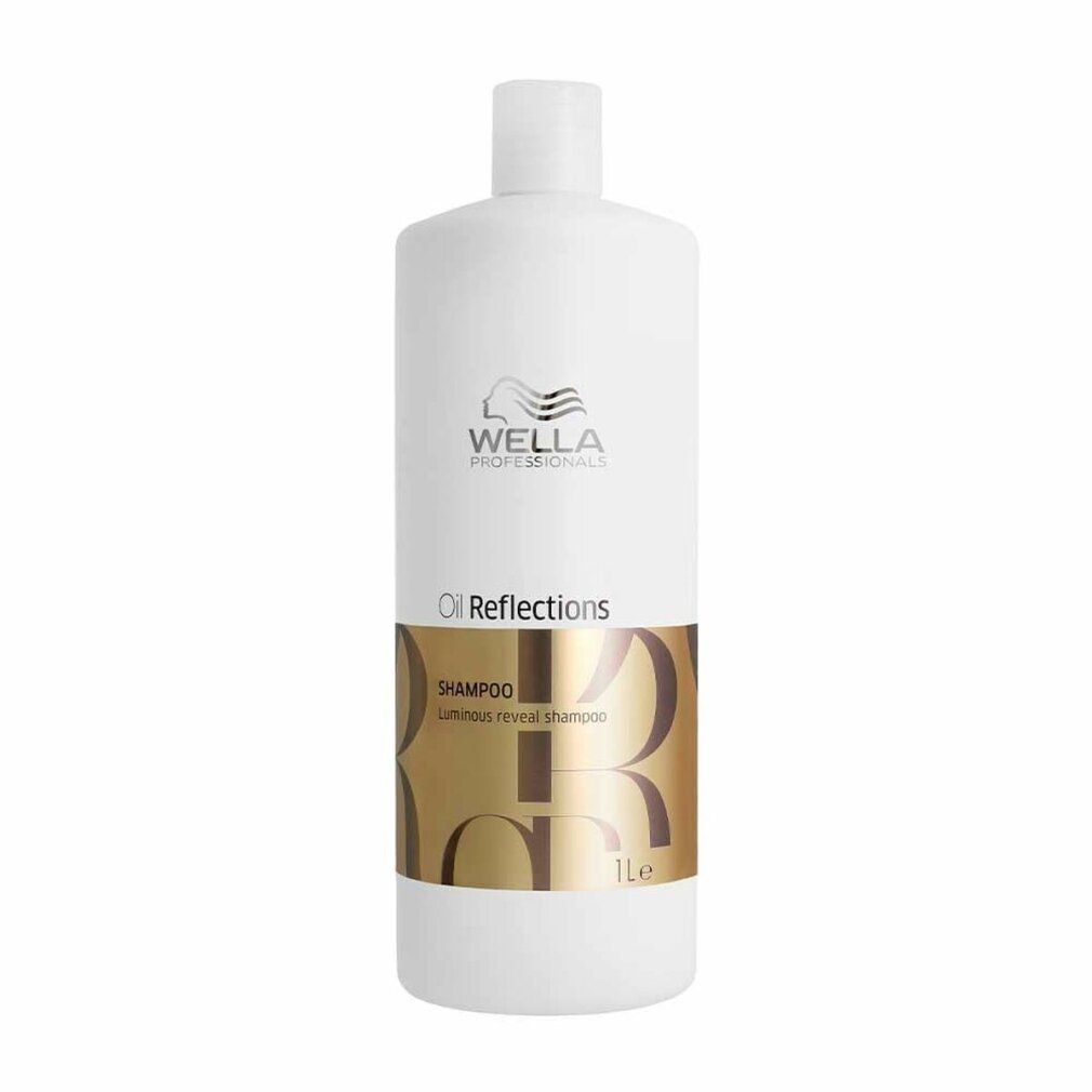 Weiße Shampoo-Flasche mit goldfarbenem Etikett. Aufschrift: Wella, Oil Reflections, Shampoo, 1l.